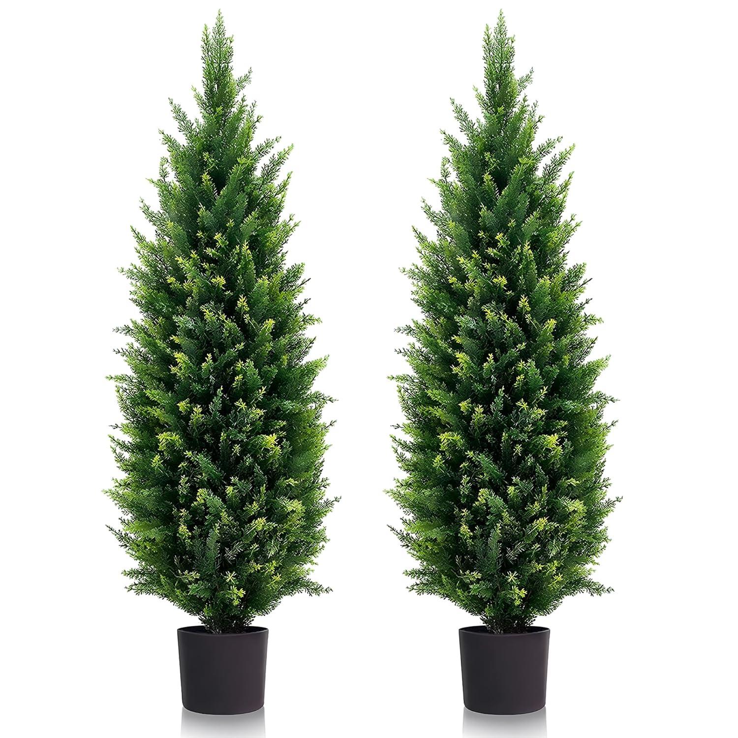 4FT 2-Pack Artificial Cedar Topiary Trees UV Resistant Potted Shrubs Fake Plants, Faux Pine Tree Plant for Home Office Garden Front Porch Patio Indoor Outdoor Party Wedding  Decor