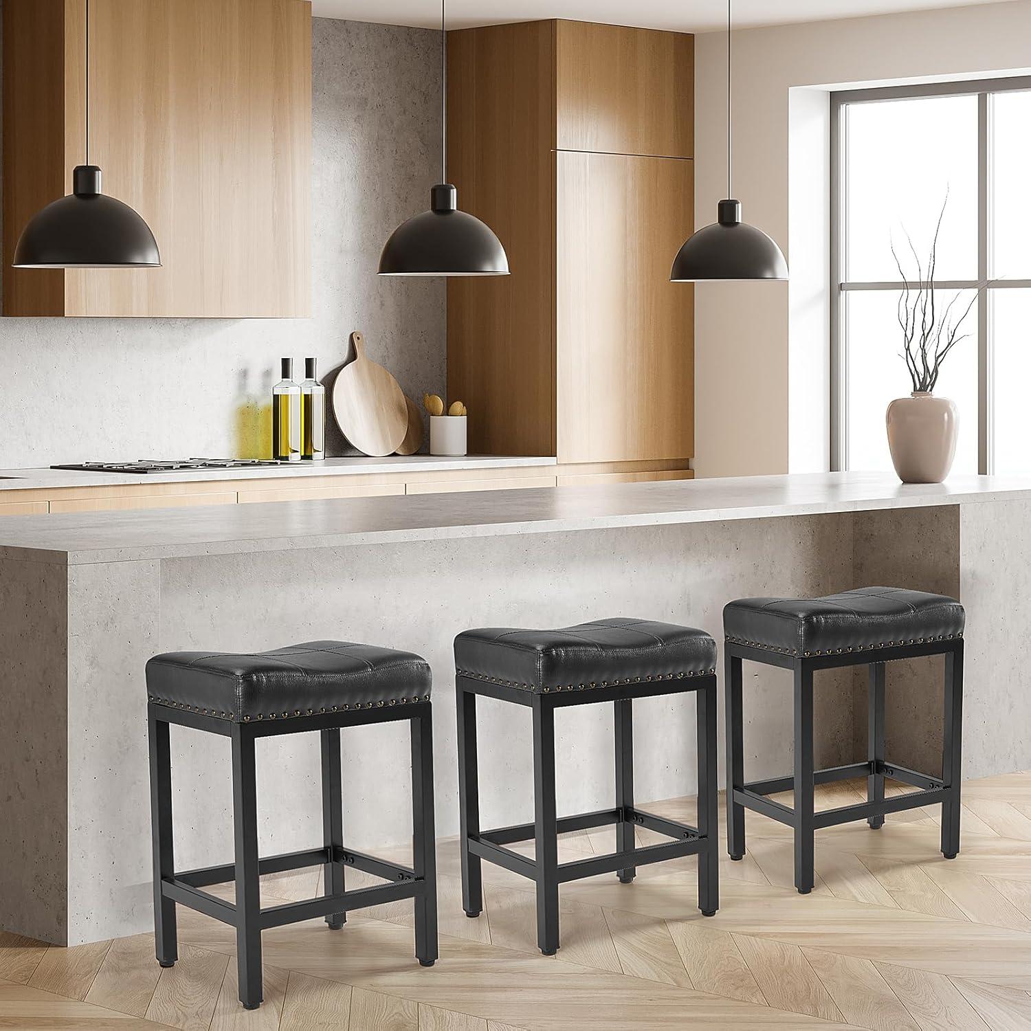 edx Bar Stools Set of 2, Modern Counter Height, 24 Inch Kitchen Barstools with Metal Base, PU Leather Saddle Seats for Kitchen Island, Black