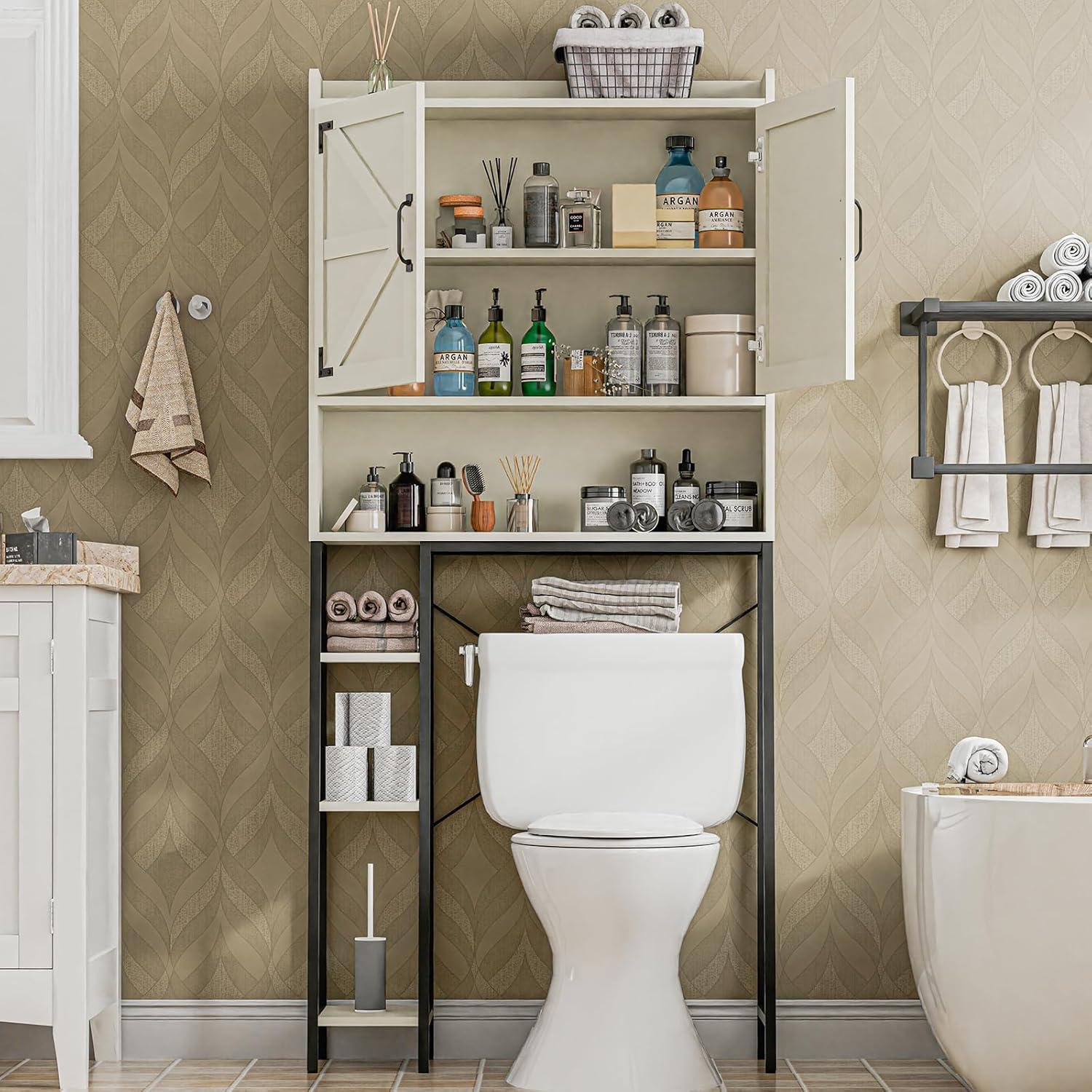 Over The Toilet Storage Cabinet, Bathroom Organizer with Adjustable Shelves & Sliding Barn Door, above Toilet Rack(White)