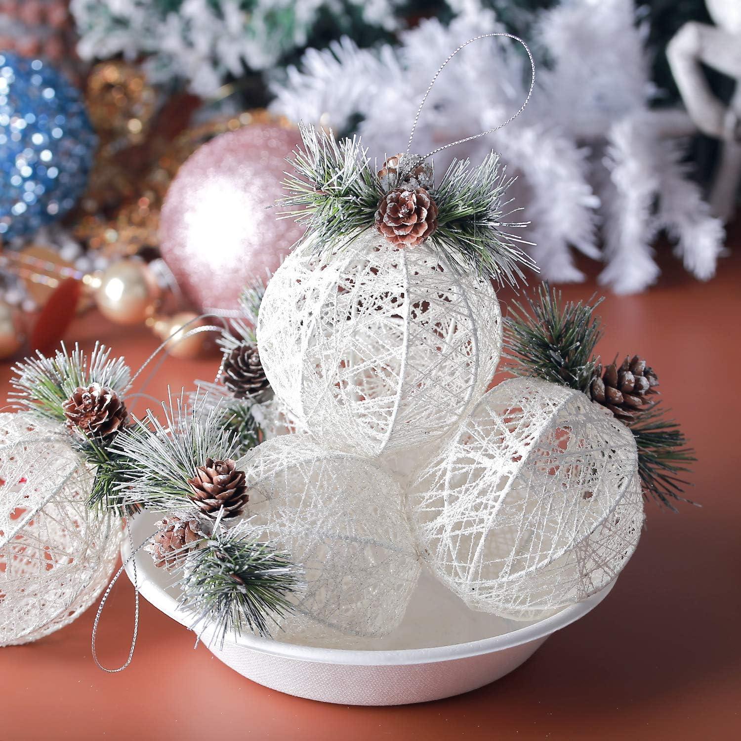 White Rattan Pinecone Shatterproof Christmas Ornaments Set