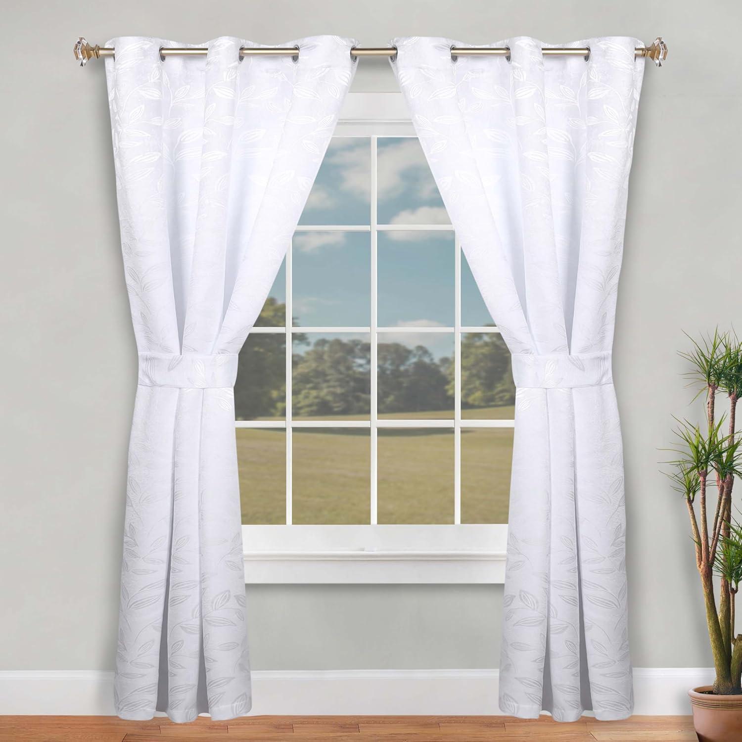 White Polyester Blackout Curtains with Leaf Design, 46" x 84", Set of 2