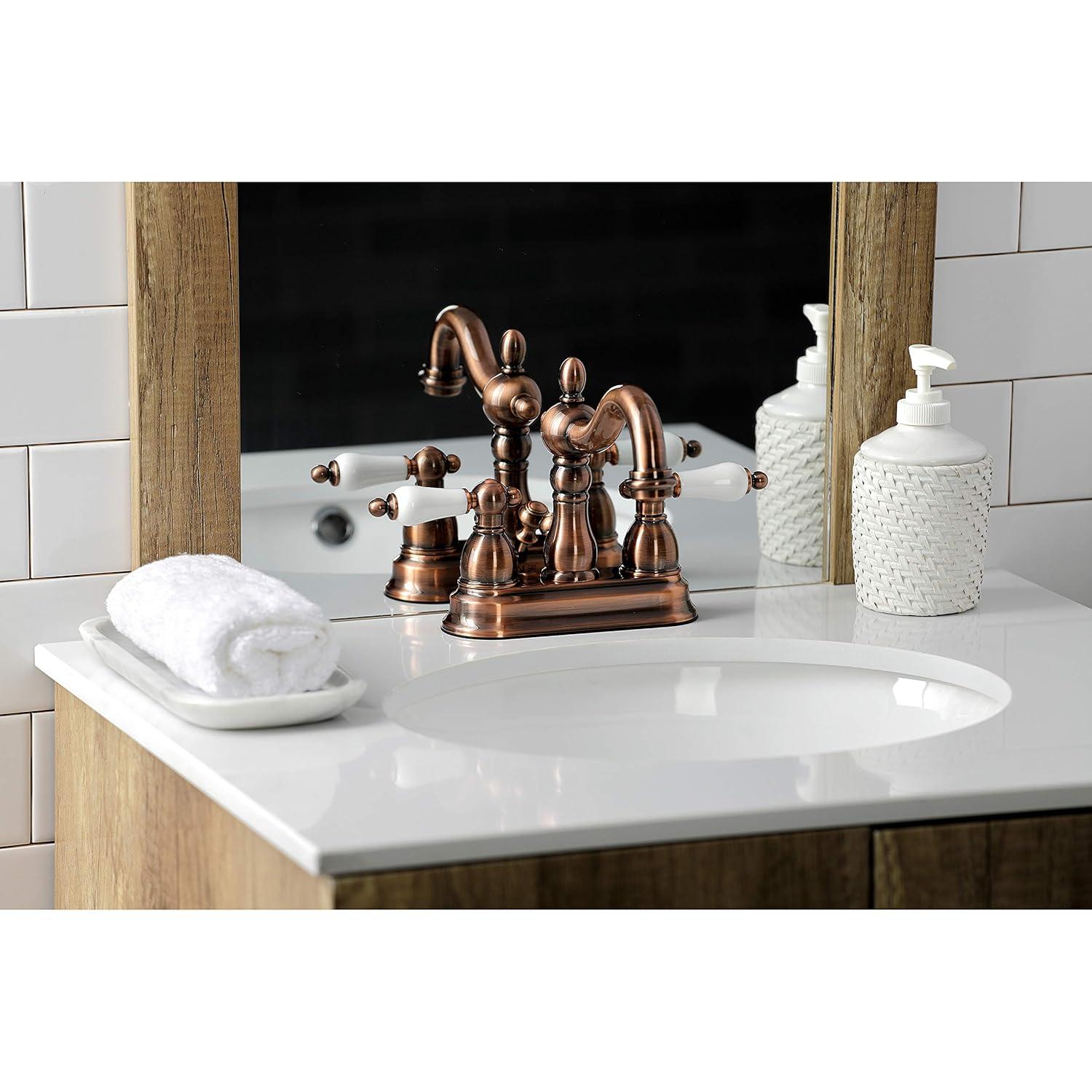 Kingston Brass Heritage Two-Handle 3-Hole Deck Mount 4" Centerset Bathroom Faucet with Plastic Pop-Up