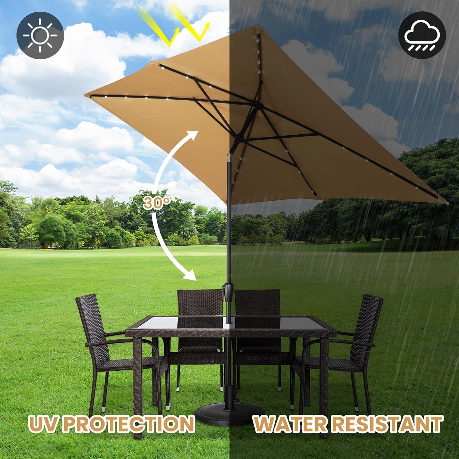 Sun-Ray 6.6x10 FT Solar LED Rectangular Patio Umbrella with Push-Button Tilt and Hand Crank Canopy Lift, Table Umbrella with Solution Dyed Navy Fabric for Porch, Deck, Garden, and Swimming Pool, Taupe