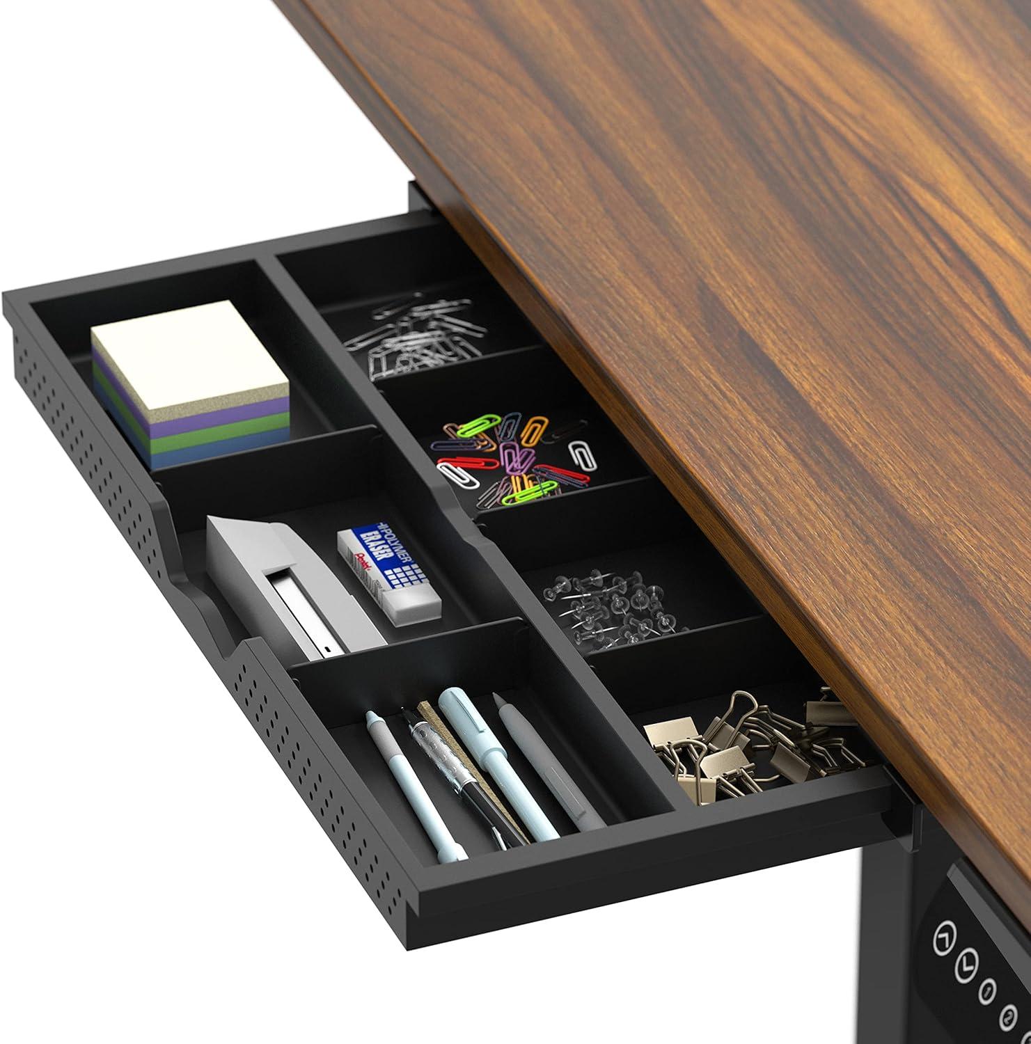 SHW 40-Inch Mobile Electric Height Adjustable Sit to Stand Desk with Drawer, Hanging Hooks and Cable Management, Walnut