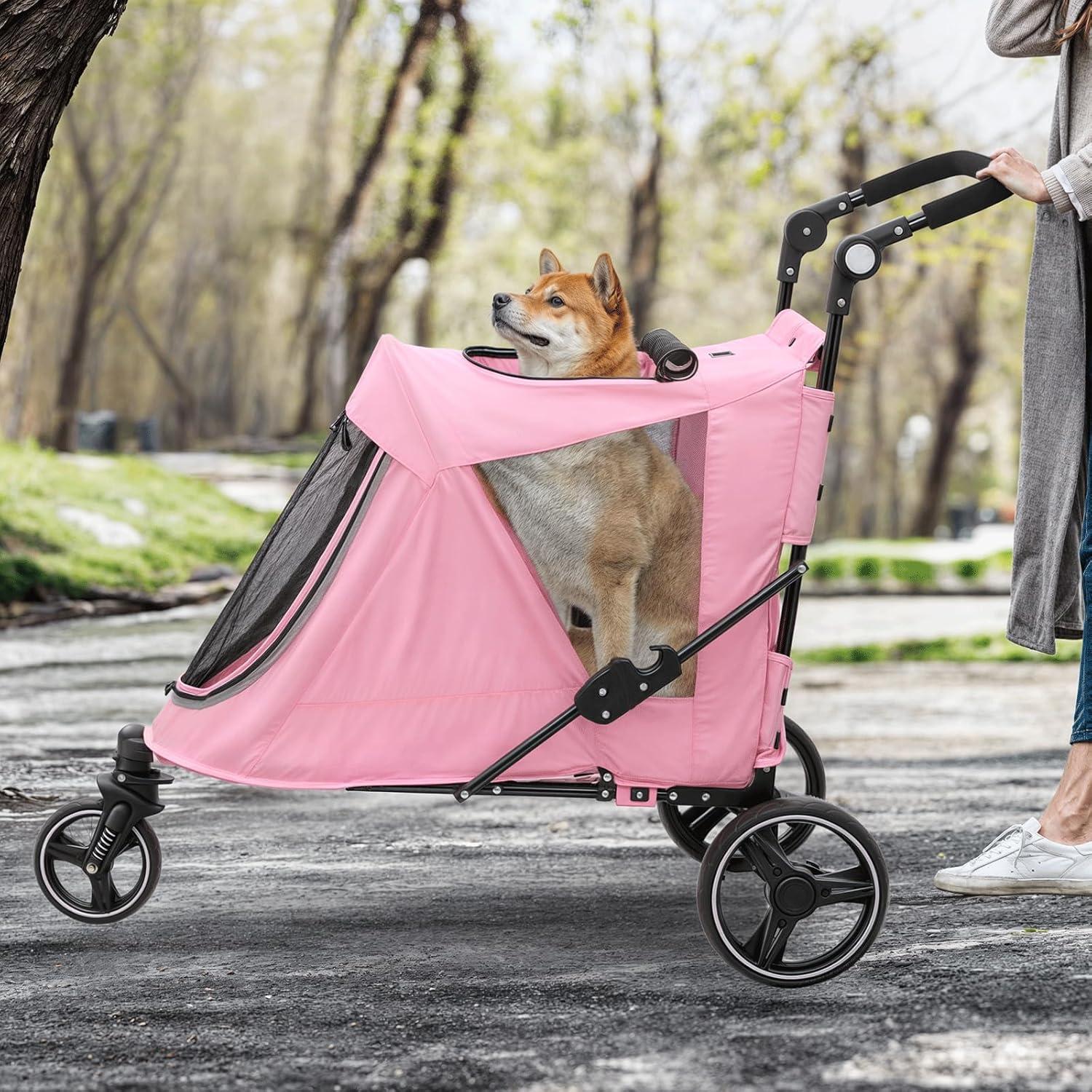 MoNiBloom Folding 3 Wheel Pet Stroller, Foldable Dog Jogger Stroller with Adjustable Handlebar and Mesh Window