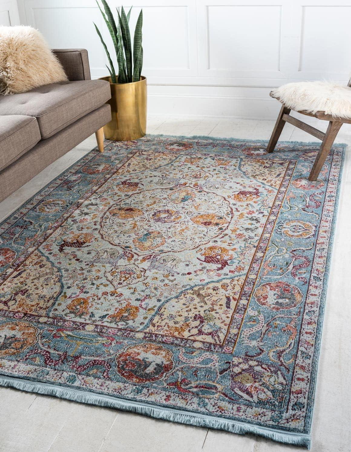 Light Blue Rectangular Synthetic Stain-Resistant Area Rug