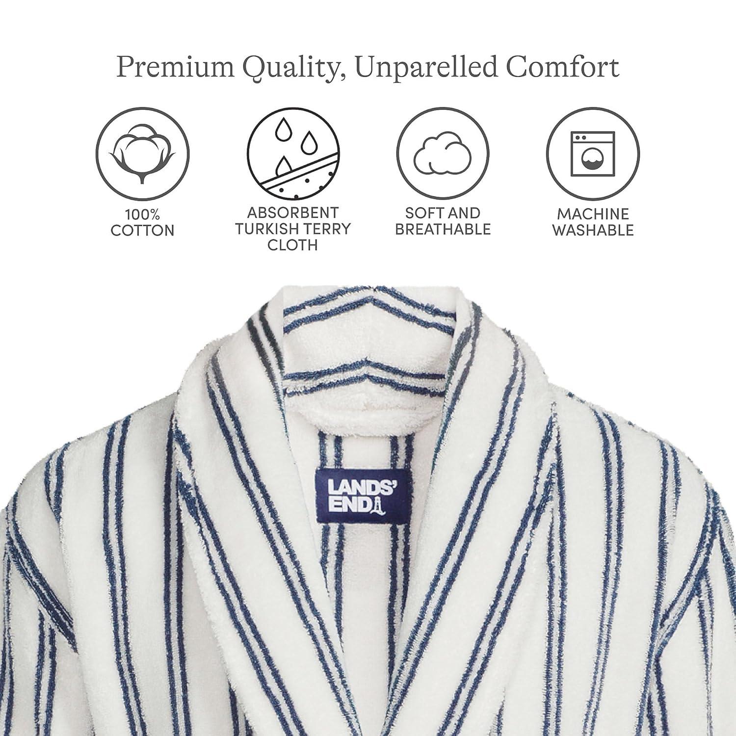 Lands' End Men's Calf Length Pattern Turkish Terry Robe - Large - Egret White Double Stripes