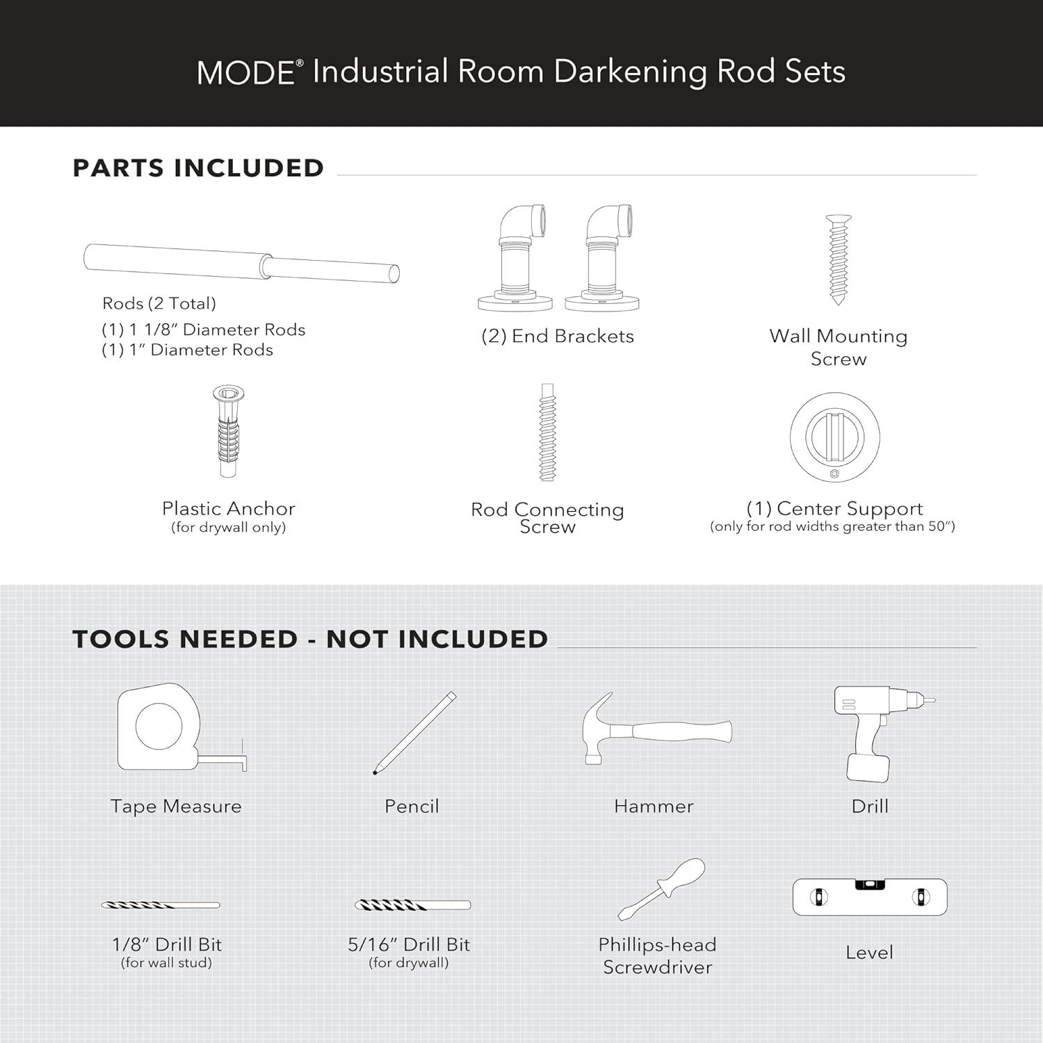 Mode Industrial Room Darkening Collection 1 1/8 in Diameter Curtain Rod Set with Steel Wall Mounted Adjustable, Blocks Light