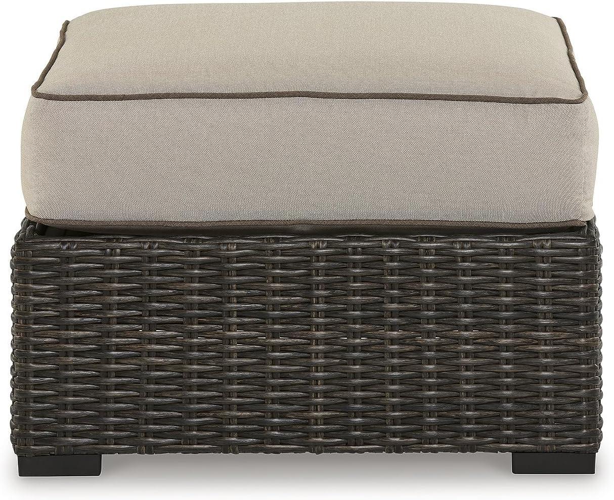 Beige and Brown Outdoor Resin Wicker Ottoman with Cushion