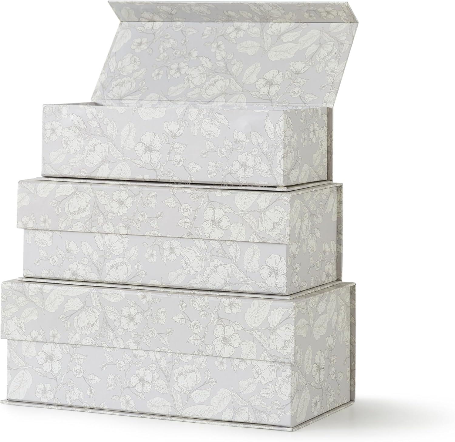 Soul & Lane Decorative Storage Boxes with Lids, Set of 3 Memory Keepsake Boxes with Magnetic Closure, Cardboard Storage for Photos, Documents, Gifts, Home Decor, Subtle Bloom
