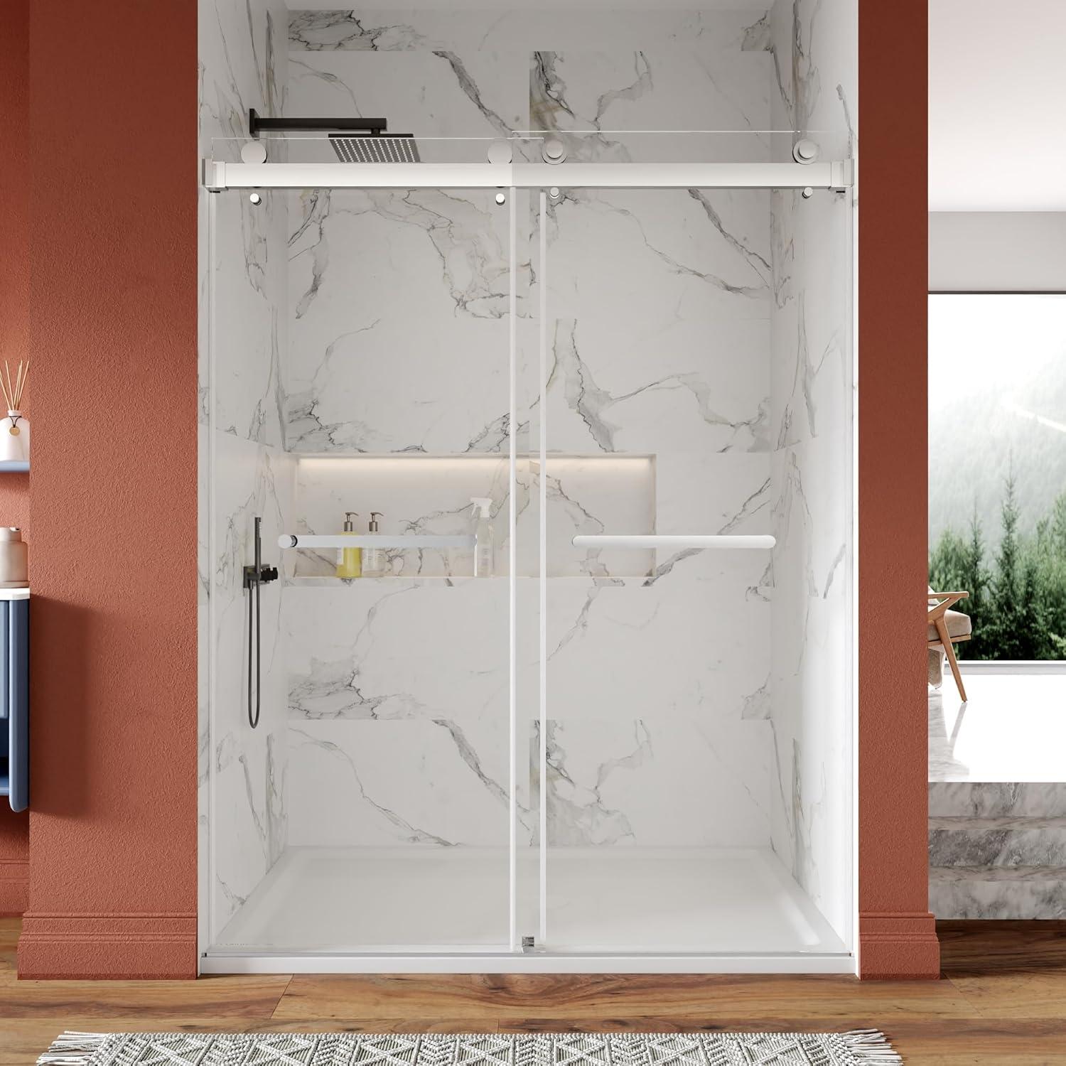 Concord 56" - 60" W x 76" H Double Sliding Frameless Shower Door with 10mm Tempered Glass, Stainless Steel Accessories