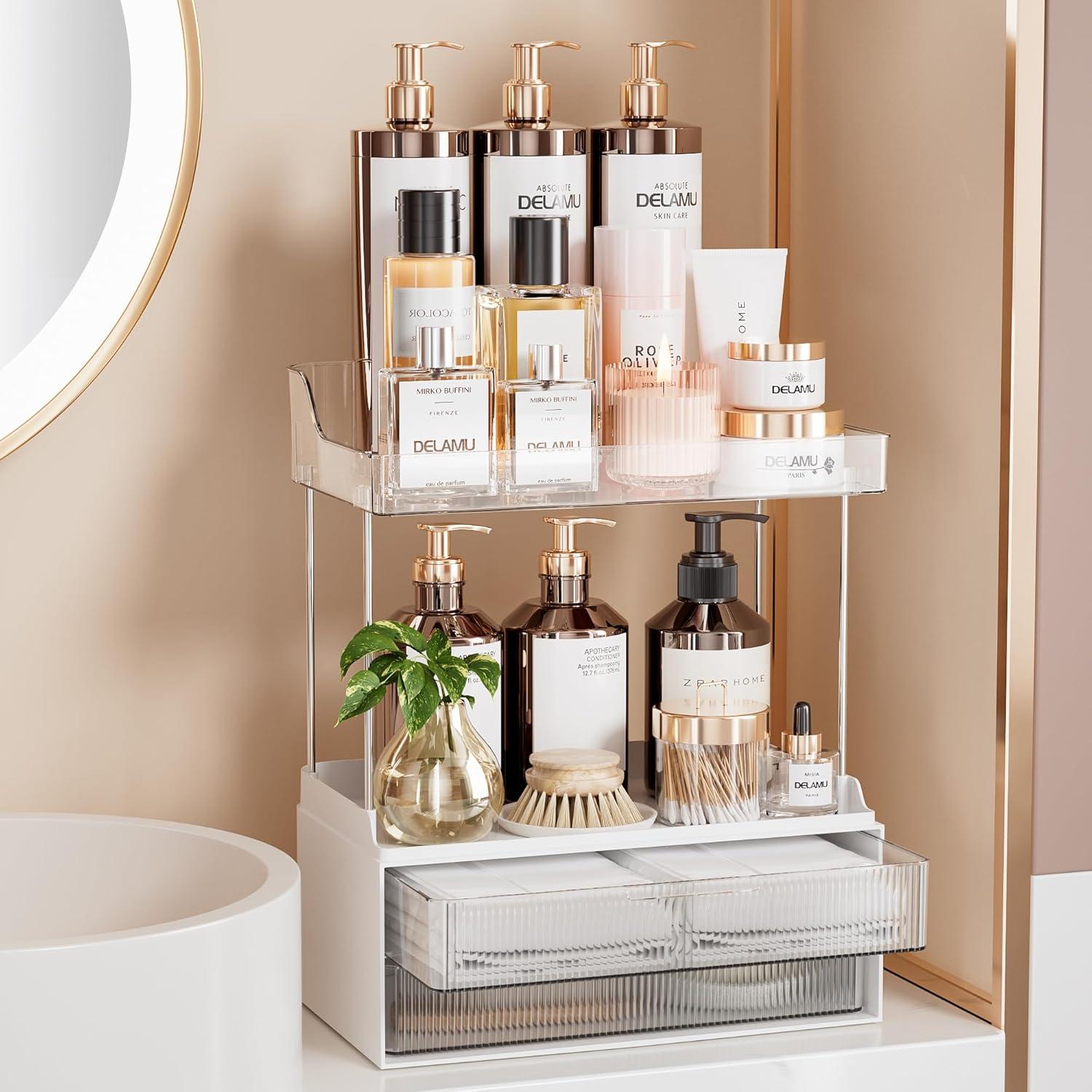 2-Tier 2-Drawer Bathroom Counter Organizer, Elegant Makeup Organizer, Easy To Install, Suitable As Bathroom Organizers And Storage, Vanity And Countertop Organizer