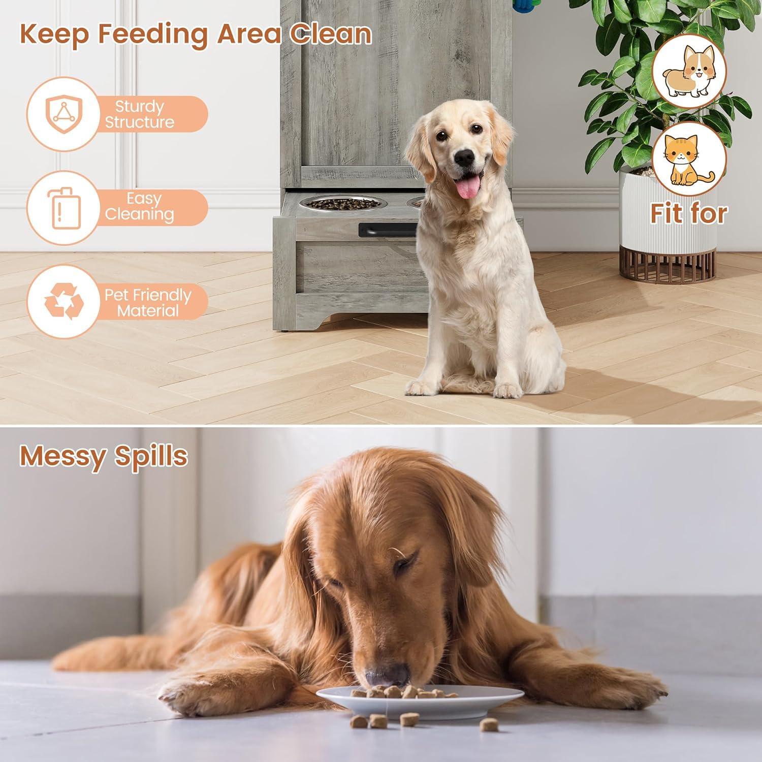 gaomon Dog Feeding Station with Storage Cabinet, 2 Elevated Dog Bowls, Filp Top Dog Food Storage Cabinet Container