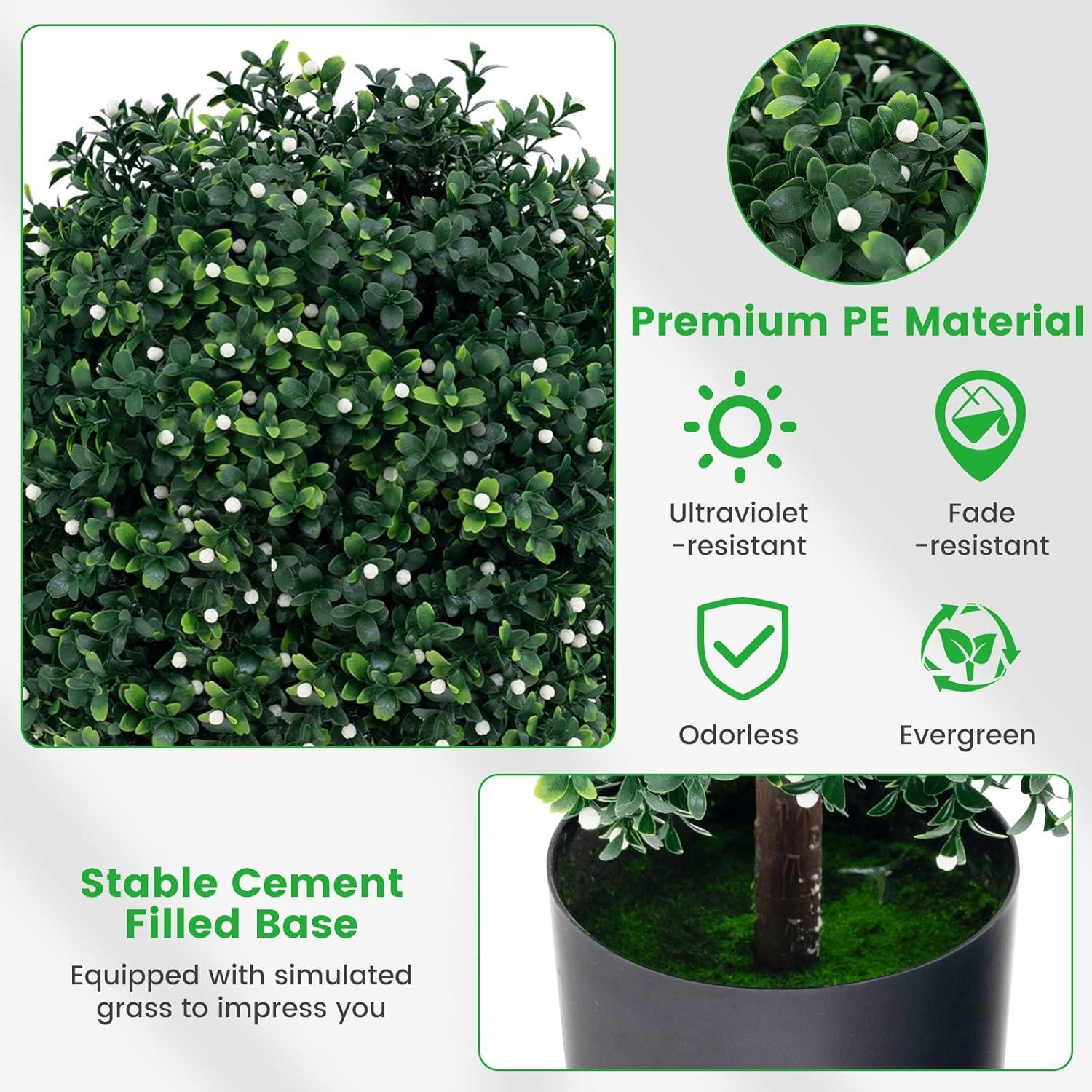 22’’ Faux Boxwood Topiary Ball Tree Set of 2, Artificial Plants Outdoor Weather Resistant, Cement-Filled Potted Bushes, Evergreen Topiary Trees Artificial for Porch Decoration Indoor Outdoor