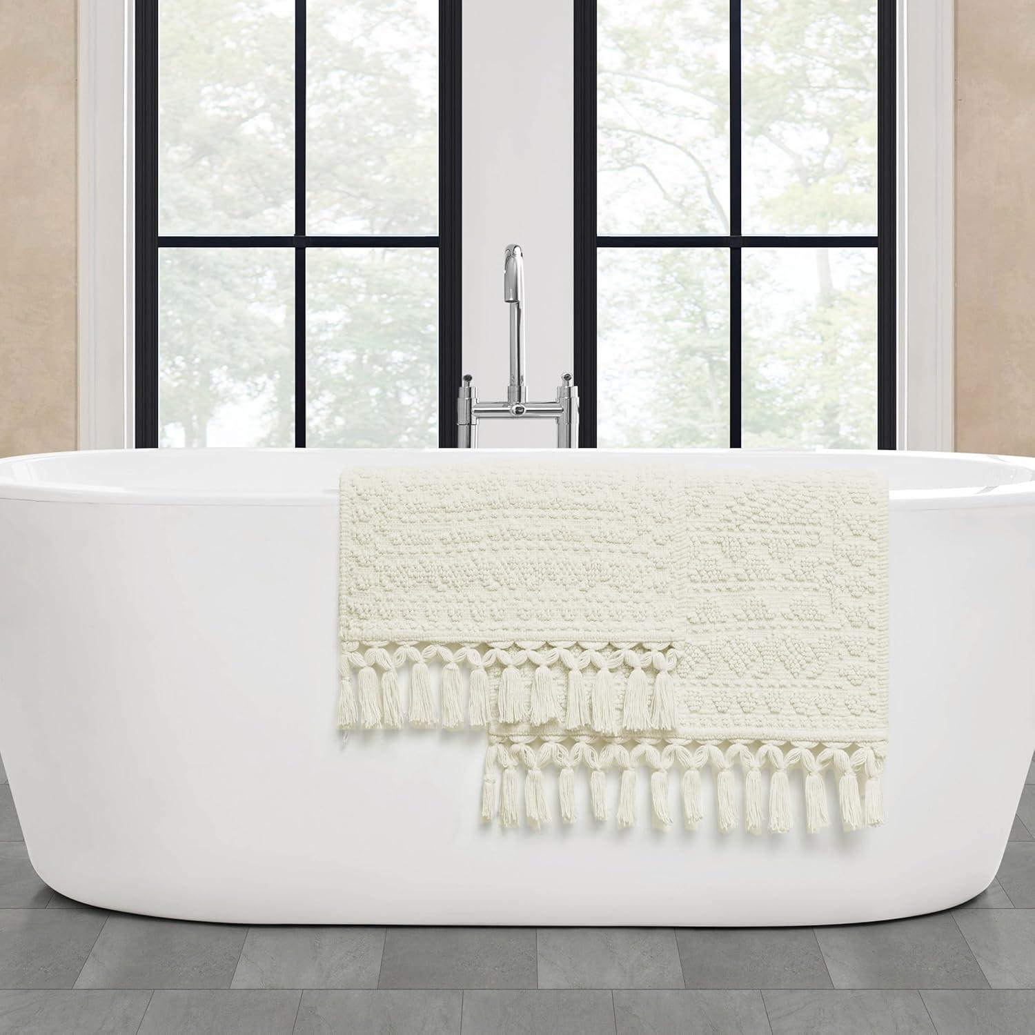 French Connection Nellore Bathroom Rugs, Set of 2 Woven and Beaded Bathroom Mats, Durable Bath Rugs, Thick Bath Mats for Bathroom and Shower Rugs, 17" x 28" and 20" x 38", Ivory