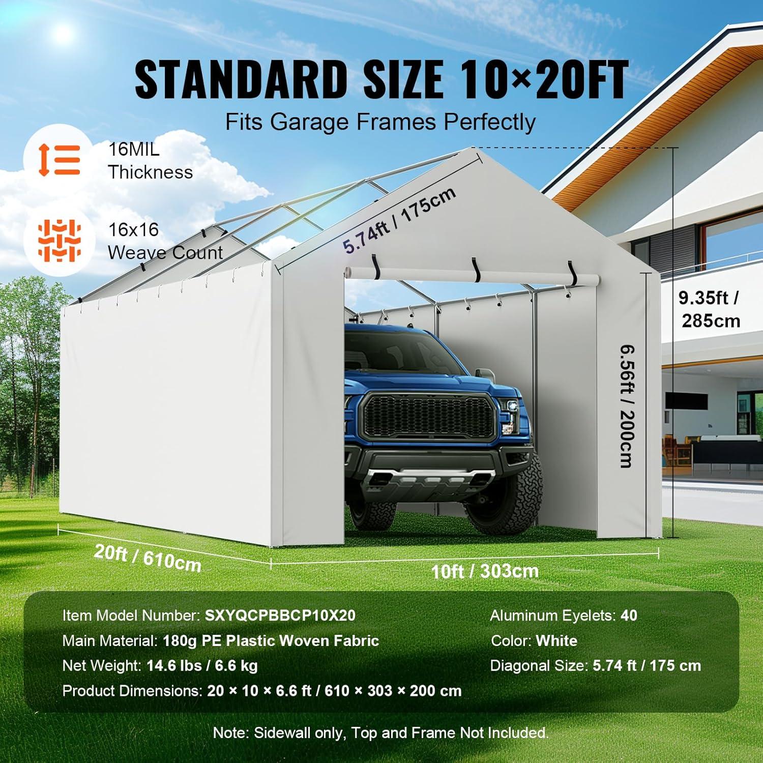 White Heavy-Duty Waterproof Carport Canopy Side Wall 10 x 20 ft