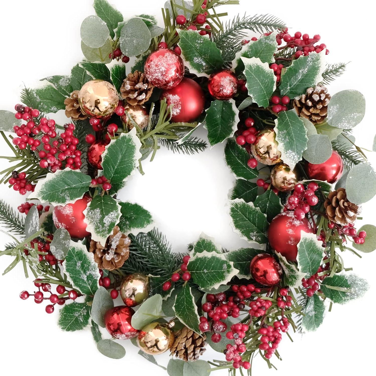 20 Inches Christmas Wreath,Artificial Christmas Wreaths For Front Door Christmas Grapevine Wreath With Pine Needles Pine Cones And Red Berries For Home Decor Christmas Winter Decorations