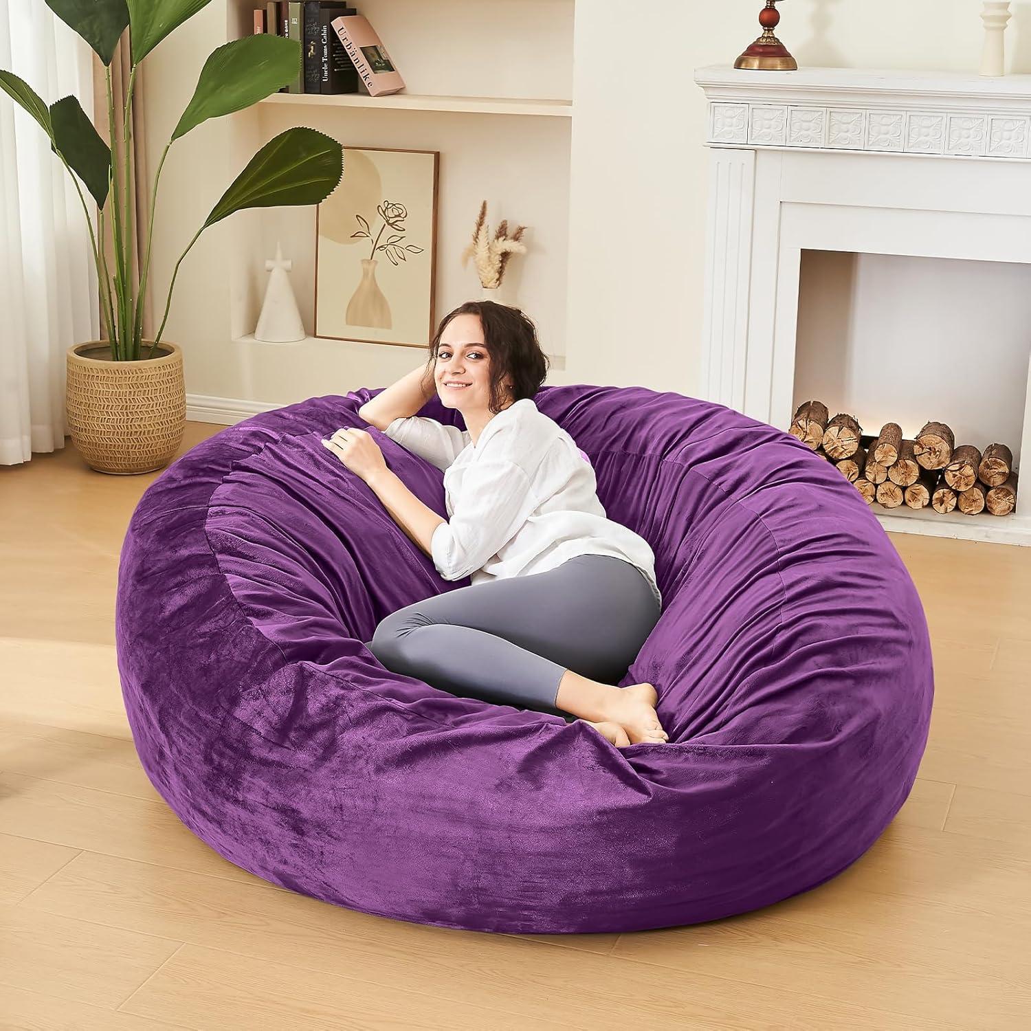 Bean Bag Chairs for Adults - Memory Foam Furniture BeanBag Chair - Kids/Teens Sofa with Soft Micro Fiber Cover - Round Fluffy Couch for Living Room Bedroom College Dorm - 3 ft, Purple
