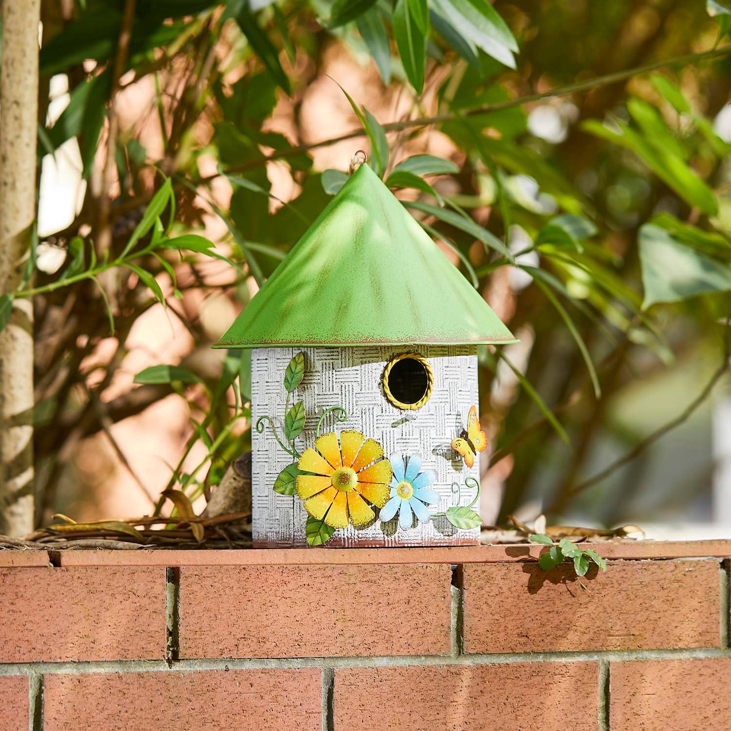 Distressed Metal Cottage Birdhouse with 3D Flowers and Butterfly