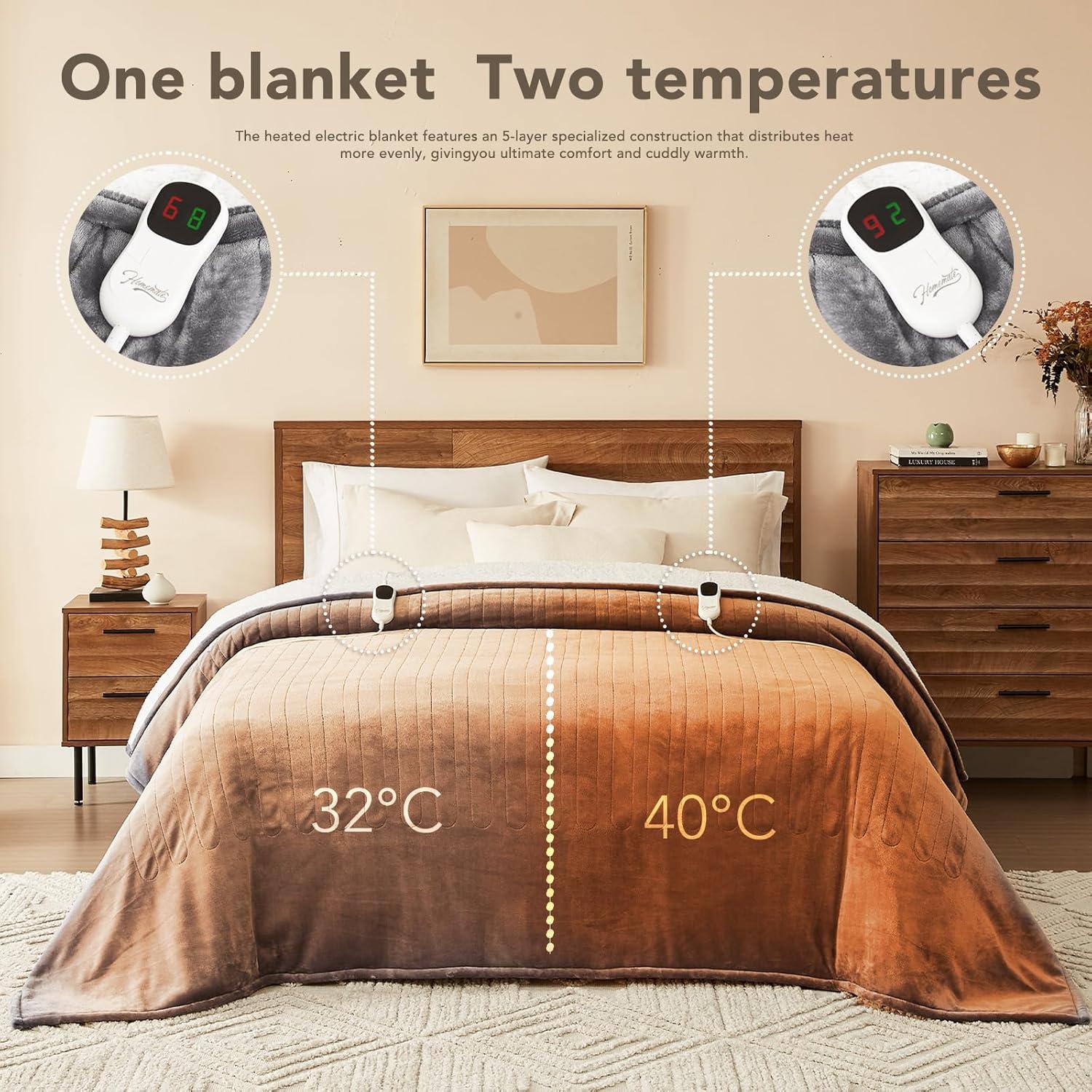 Homemate Heated Blanket Electric Throw - 50"x60" Heating Blanket Throw 1/2/4/6/8 Hours Auto-Off 10 Heat Levels Over-Heat Protection Soft Flannel Sherpa Heater ETL Certification