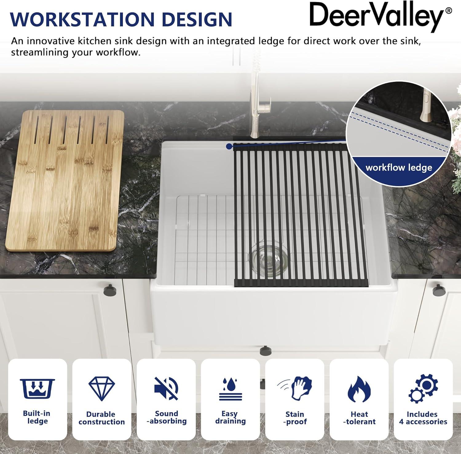 DeerValley 33" L X 20" W Single Basin Workstation Farmhouse Kitchen Sink With Sink Grid, Cutting Board And Dish-Drying Rack