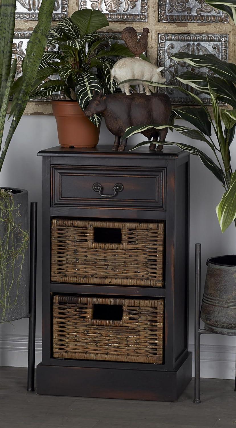 Dark Brown Wood Side Chest with Jute Baskets and Drawer