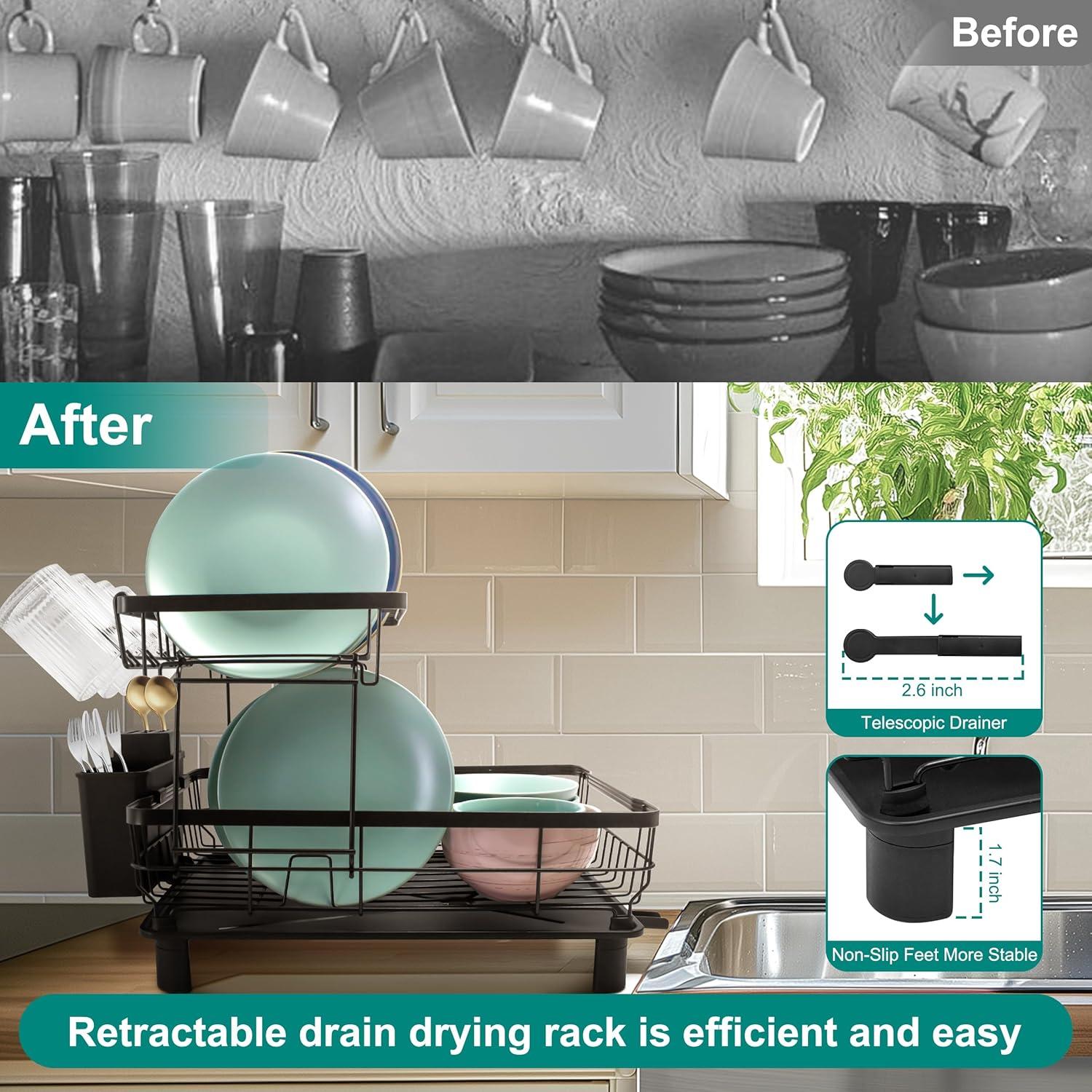 2-Tier Dish Drying Rack for Kitchen Counter,Space-Saving Dish Rack with Drainboard,Rustproof Countertop Dish Drainer with Utensil Holder for Sink,Black