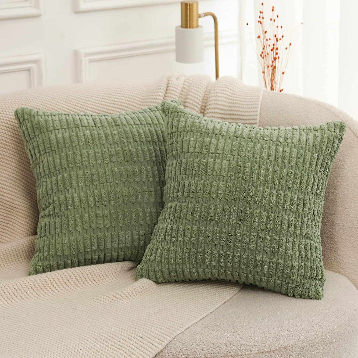 Boho Sage Green Striped Corduroy Pillow Covers - Set of 2 | Farmhouse Rectangle Cushion Cases for Sofa Couch Bed | Soft Decorative Throw Pillowcases - 12x20 Inch Home Decor