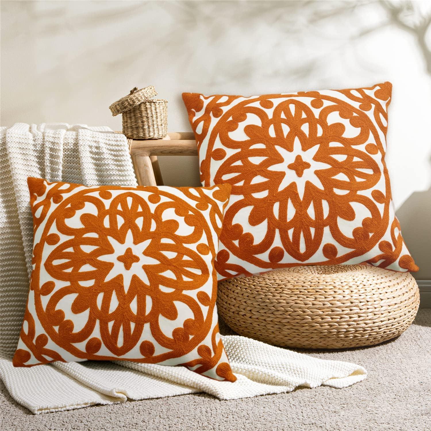 Burnt Orange Embroidered Cotton Euro Throw Pillow Covers