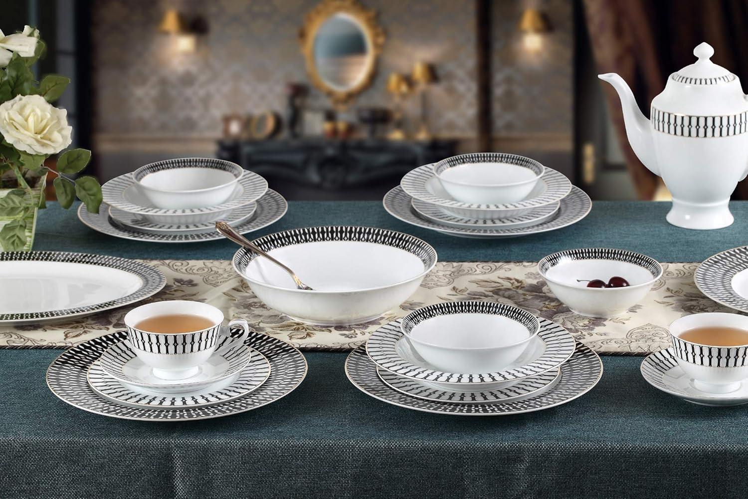 Lorren Home Trends Fiesta-57 57 Piece La Luna New Bone China Black & White Dinnerware Set, Service for 8