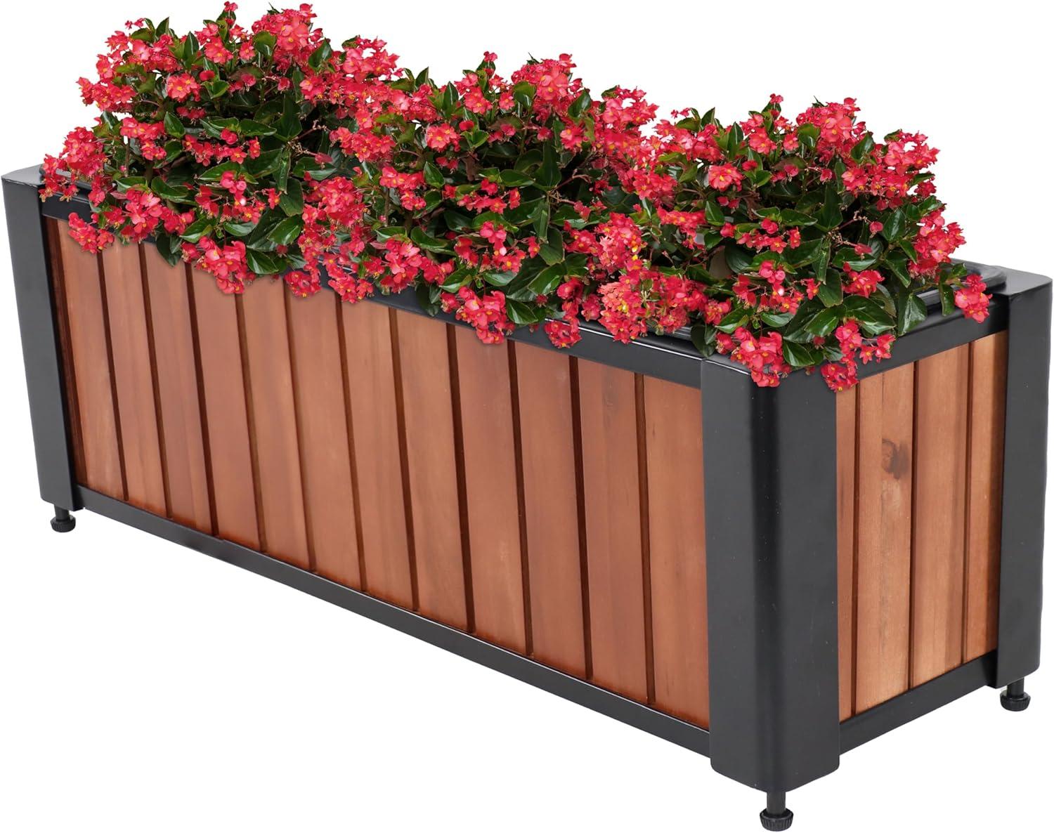 Sunnydaze Acacia Wood Slatted Planter Box with Removable Insert - 24" W x 8.25" D x 8.75" H