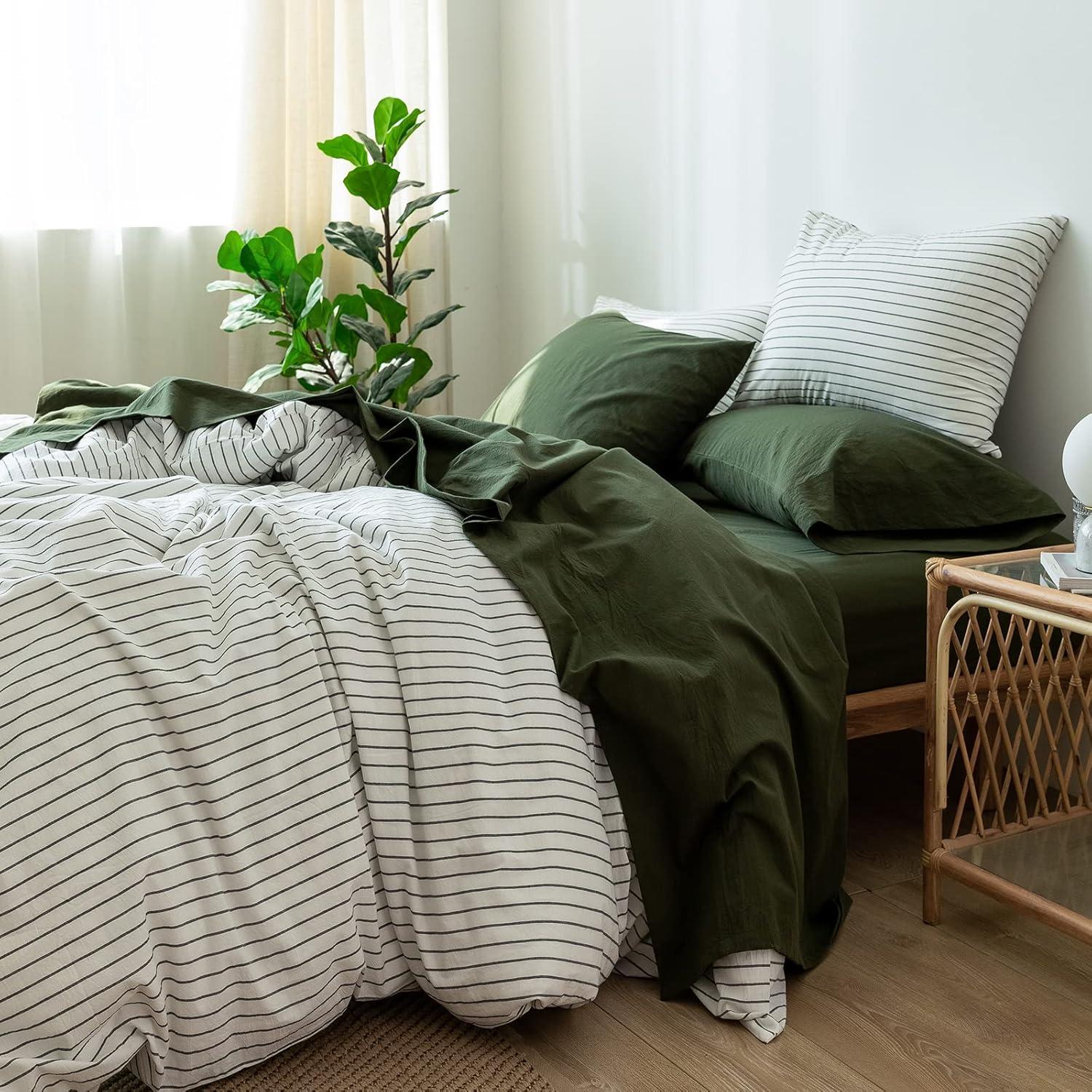 MOOMEE 100% Washed Cotton Linen Like Textured Duvet Cover Set
