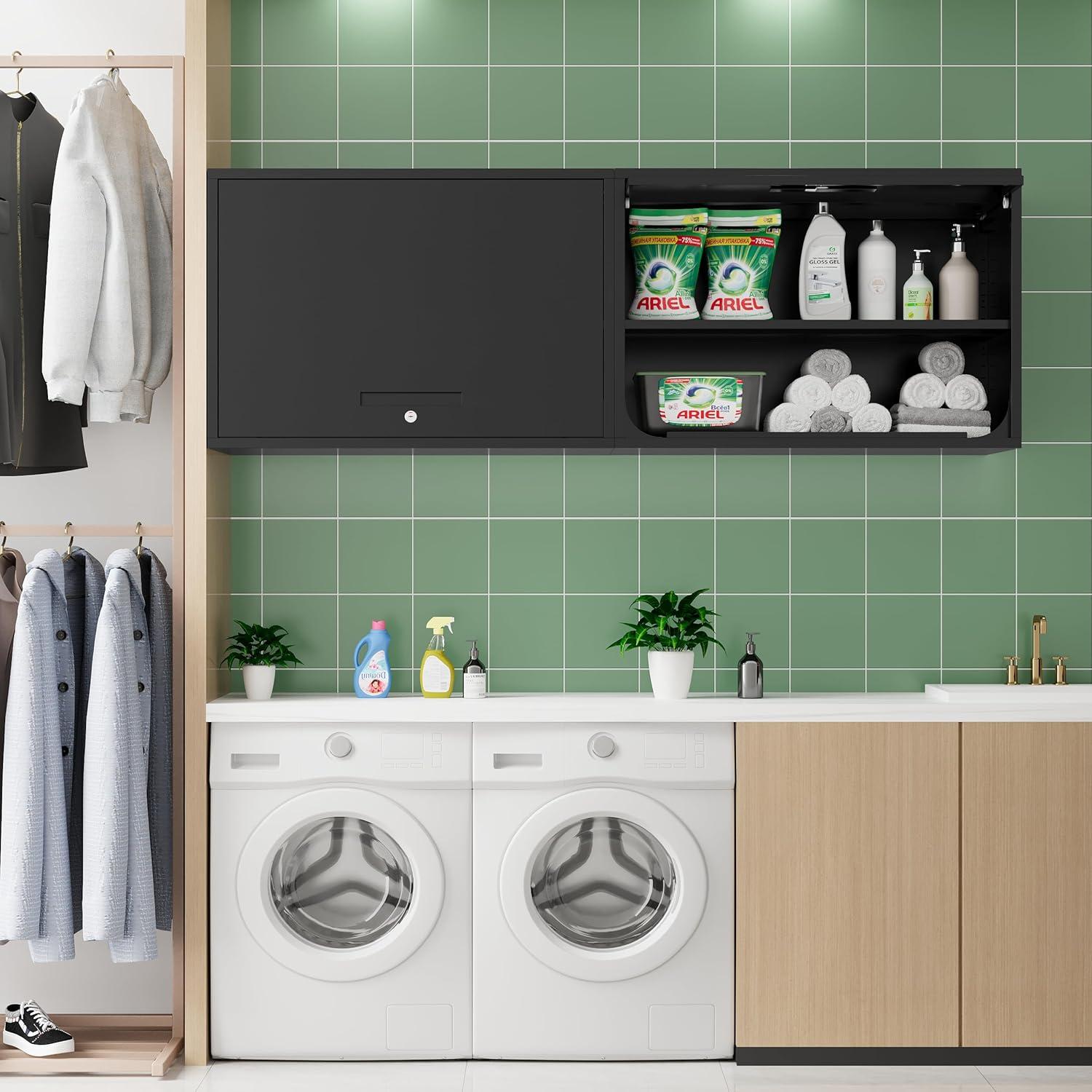Metal Storage Cabinet Black Wall Cabinets with Shelf and Locking Door - Wall Mounted Storage Cabinet for Garage Warehouse Home Office - Assembly Required