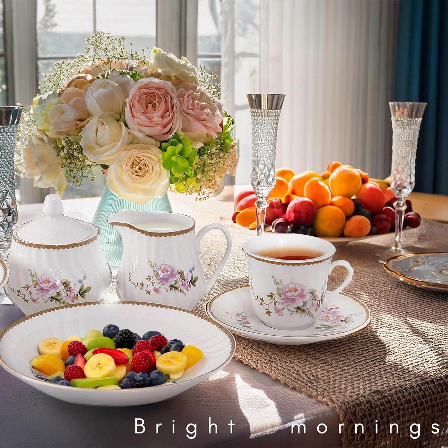 Lynns Paradise Timeless Rose Floral 45-Piece Dinnerware Set, Service for 8, Pink; 24K Gold Trim, Embossed Swirl, Colorful Floral Print, Porcelain