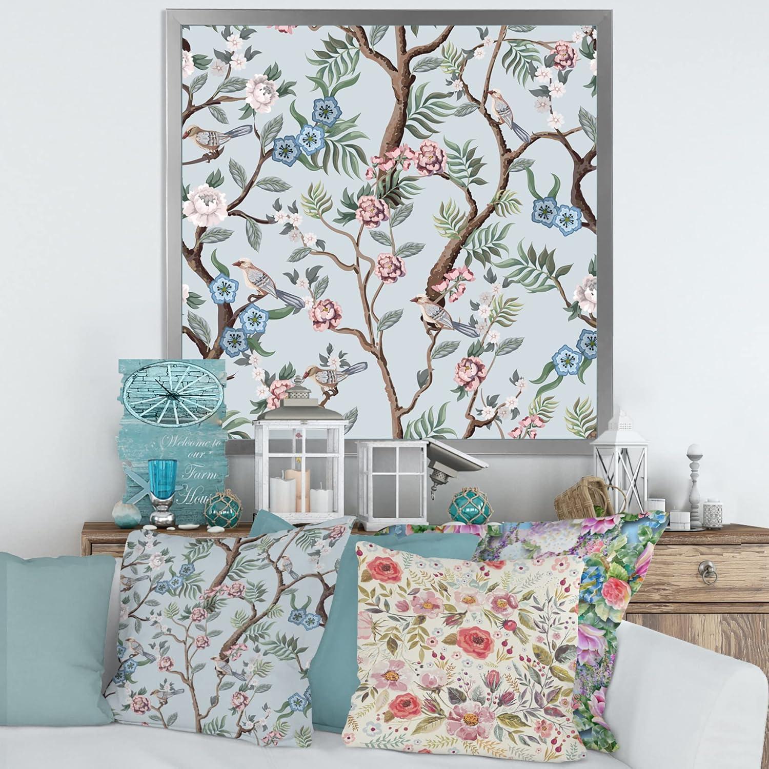 Designart 'Birds and Peonies With Chinoiserie X' Traditional Framed Art Print