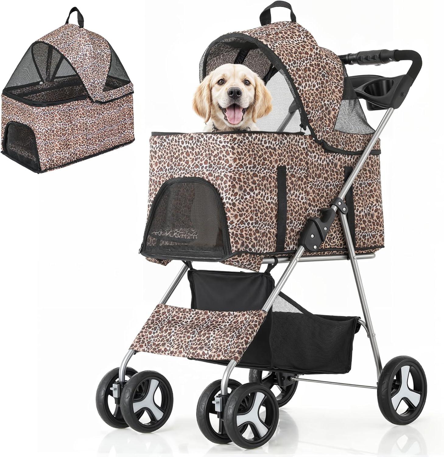 MoNiBloom Folding Pet Stroller, Foldable Dog Jogger Stroller with Detachable Carrier, Basket and Cup Holder