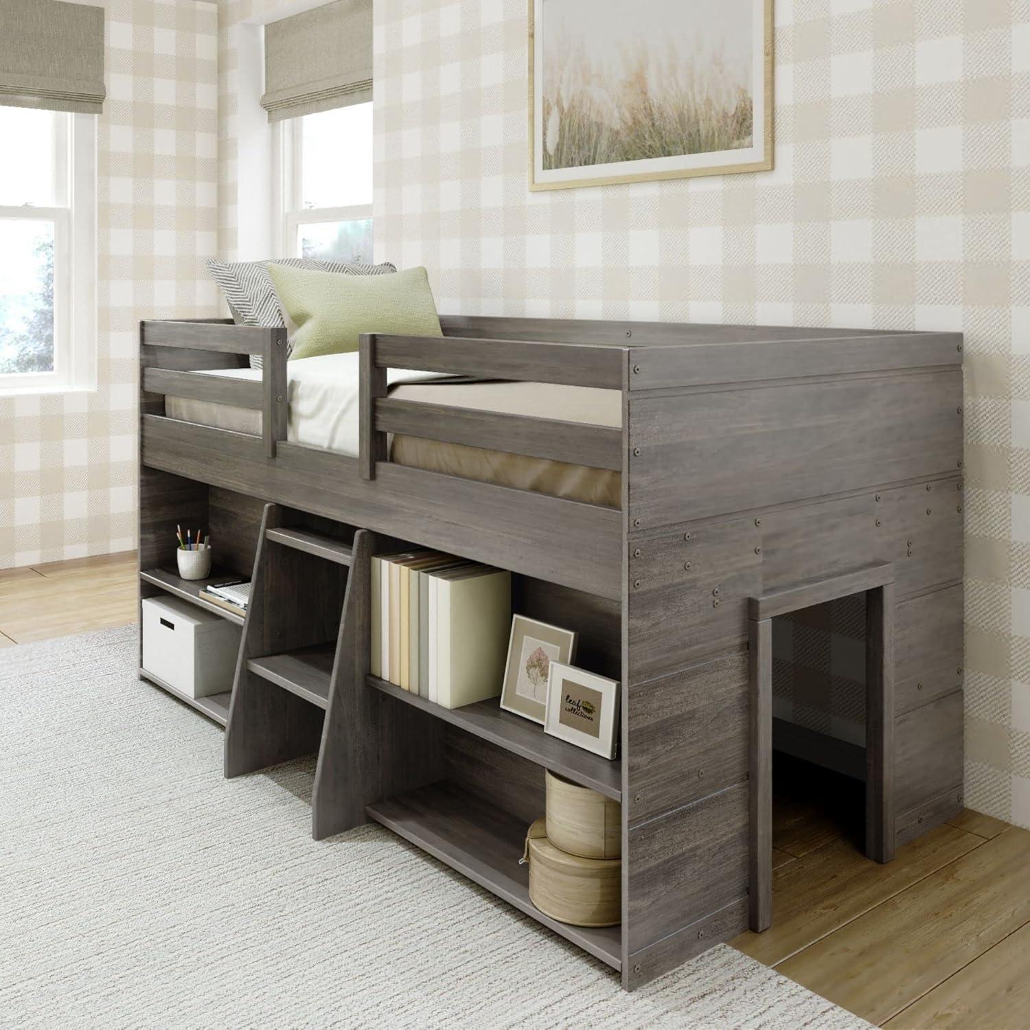 Max & Lily Solid Wood Modern Farmhouse Low Loft Bed, Twin Bed Frame for Kids with 2 Bookcases