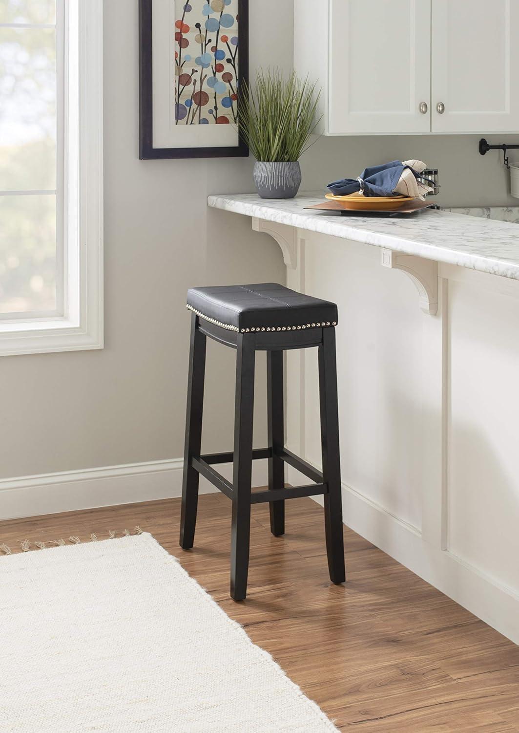 Claridge Backless Faux Leather Nailhead Saddle Barstool Black - Linon: Rubberwood Frame, 32.25" Height