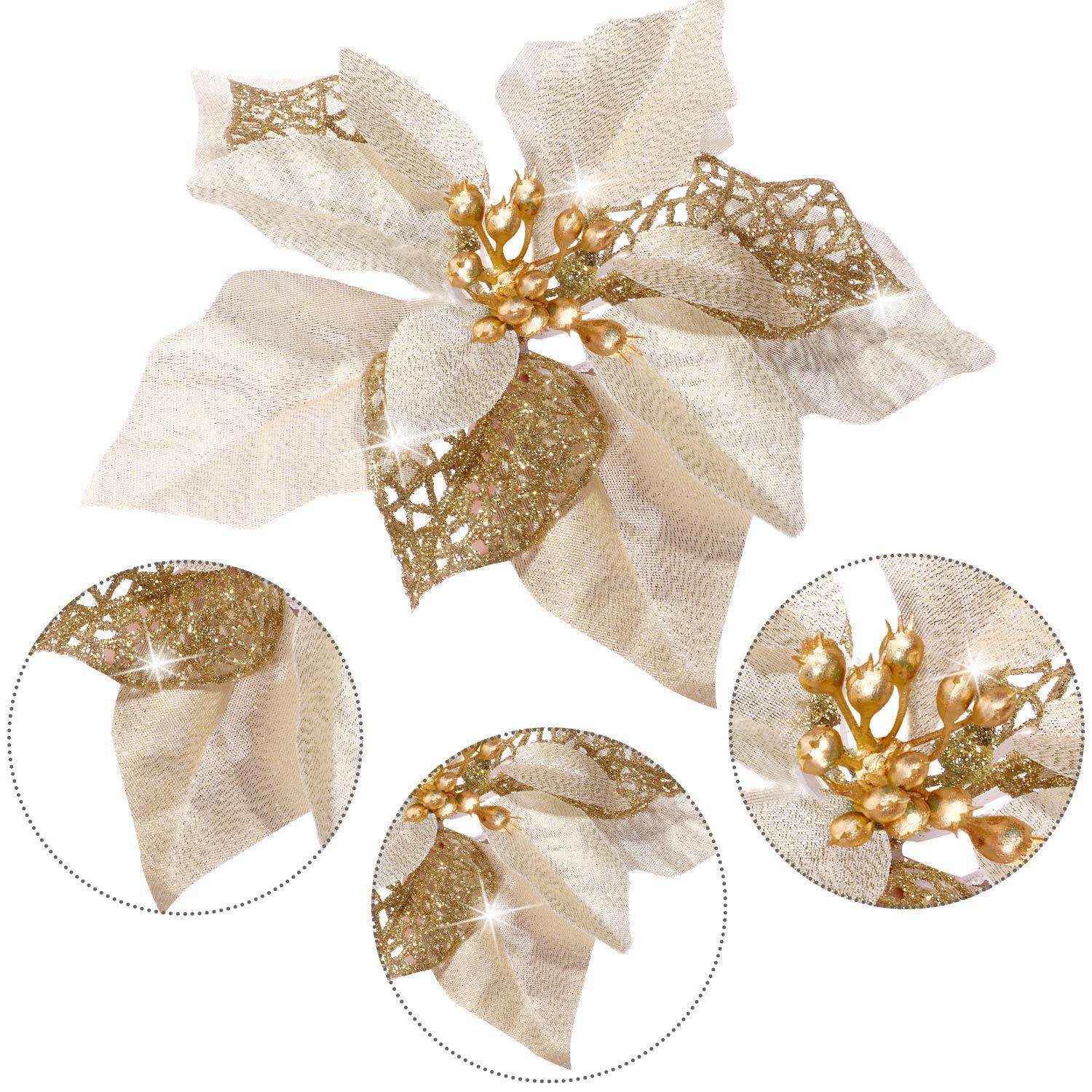 Boao 24 Pieces Christmas Artificial Glitter Poinsettia Flowers Xmas Flowers Wedding Christmas Tree New Year Ornaments(Gold)