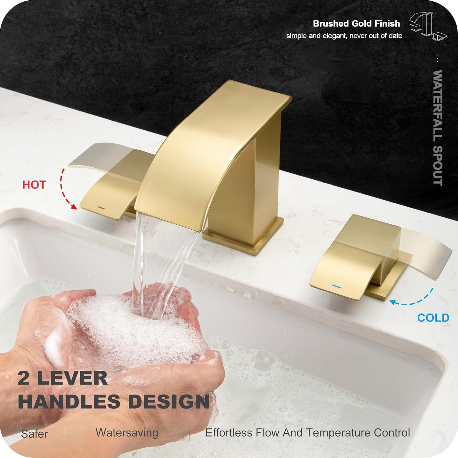 2 Handle 8 Inch Widespread Waterfall Bathroom Sink Faucet with Drain