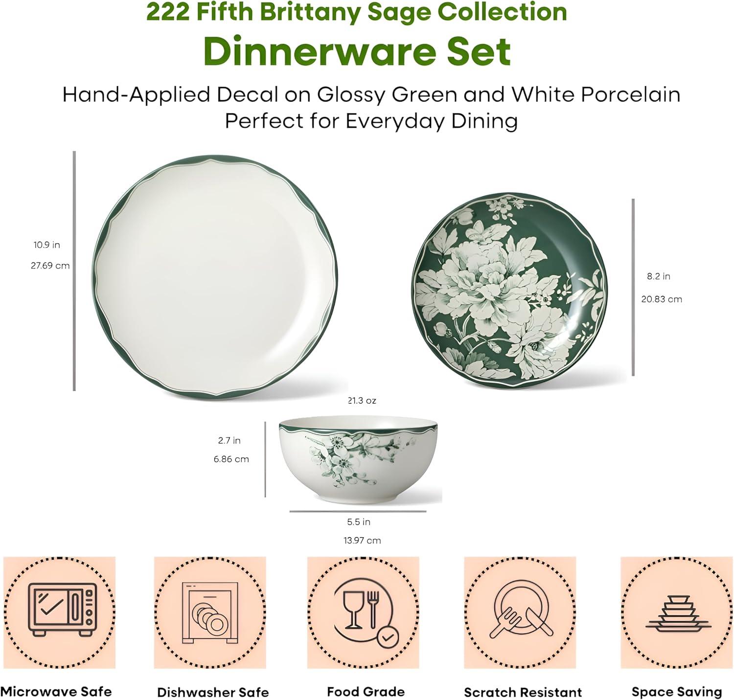 222 Fifth 222 Fifth Brittany 12-Piece Porcelain Dinnerware Set - Service For 4, Plate & Bowl Set