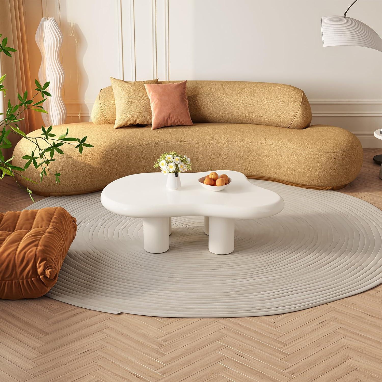Guyii 41.02" Cream White Cloud Coffee Table, Irregular Coffee Table with 3 Legs for Living Room, Office
