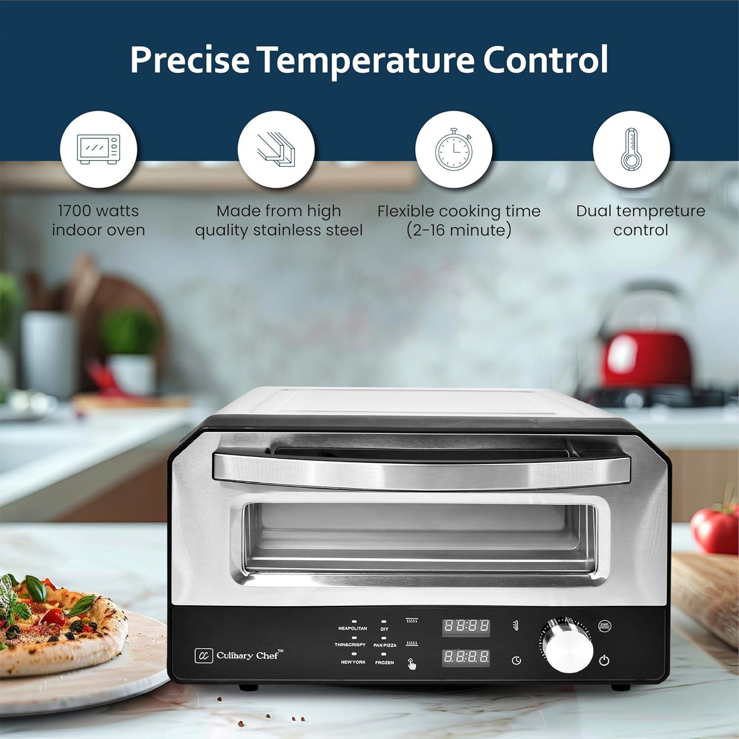 Culinary Chef Culinary Chef Indoor Pizza Oven, Temperature Control, Bonus Artisanal Cutter, Removable Stone, SS