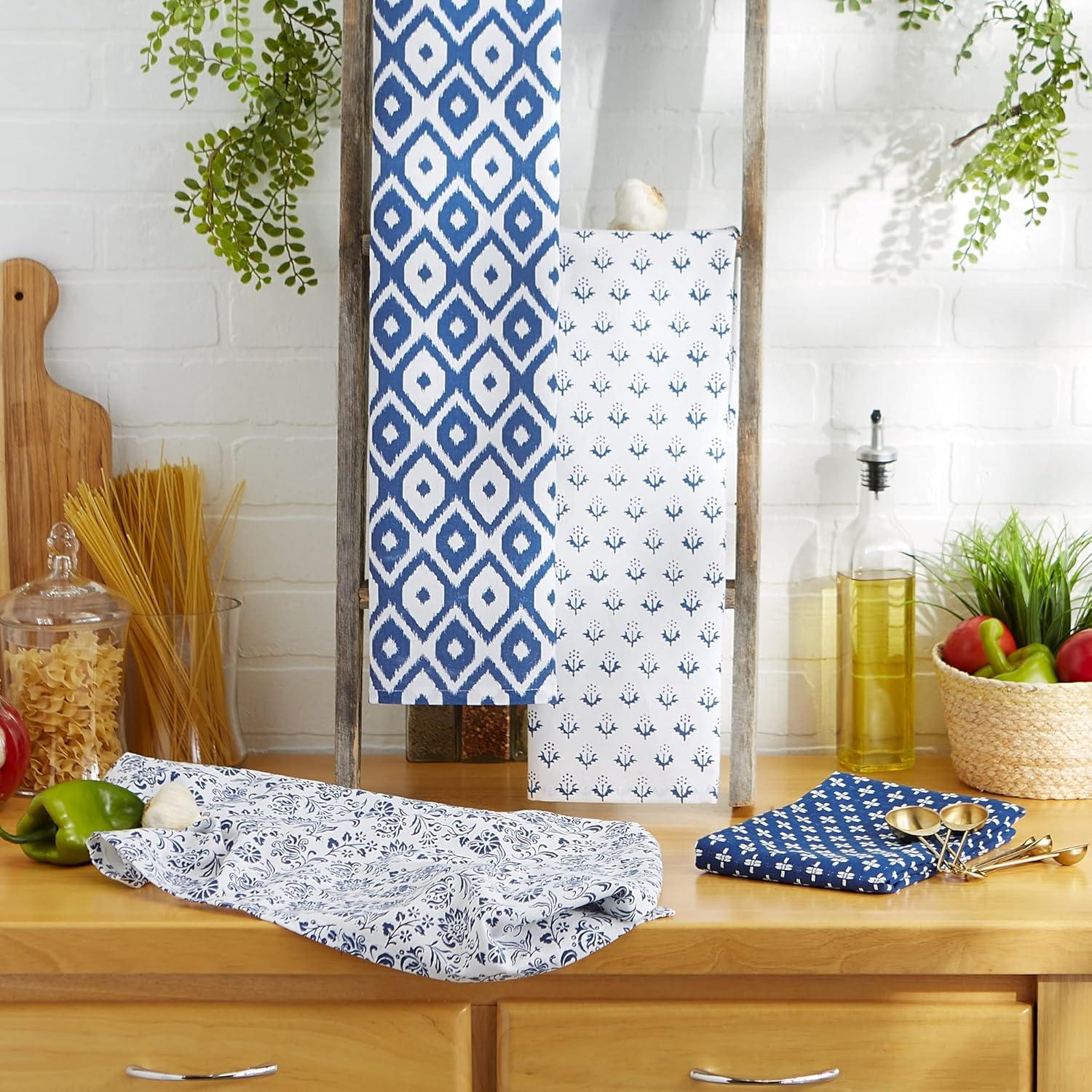 Blue and White Cotton Festive Dishtowel Set, 18x28, 4 Pieces