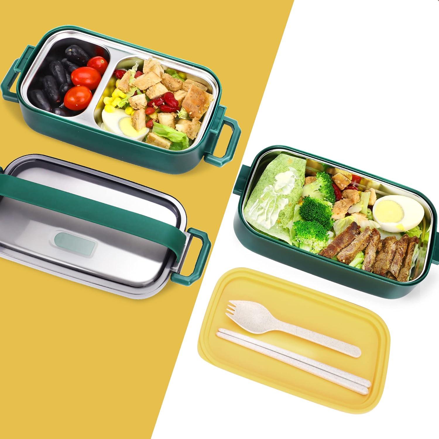 Green 2-Layer Stainless Steel Bento Box with Plastic Trays