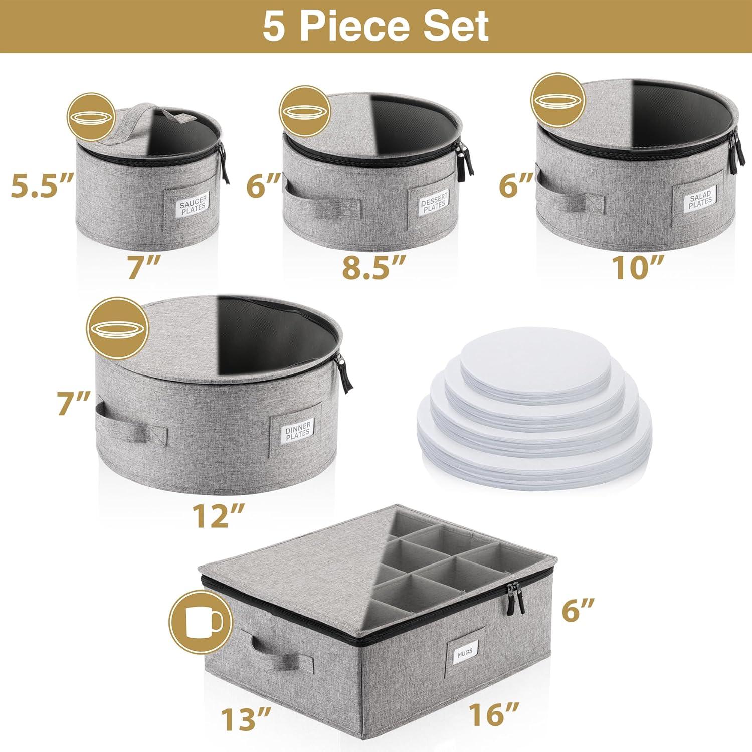 China Storage Set for Plates, Cups and Mugs - 5 pc set - Hard Shell and Stackable, Fully Padded Interior, 48 Plate Dividers Included