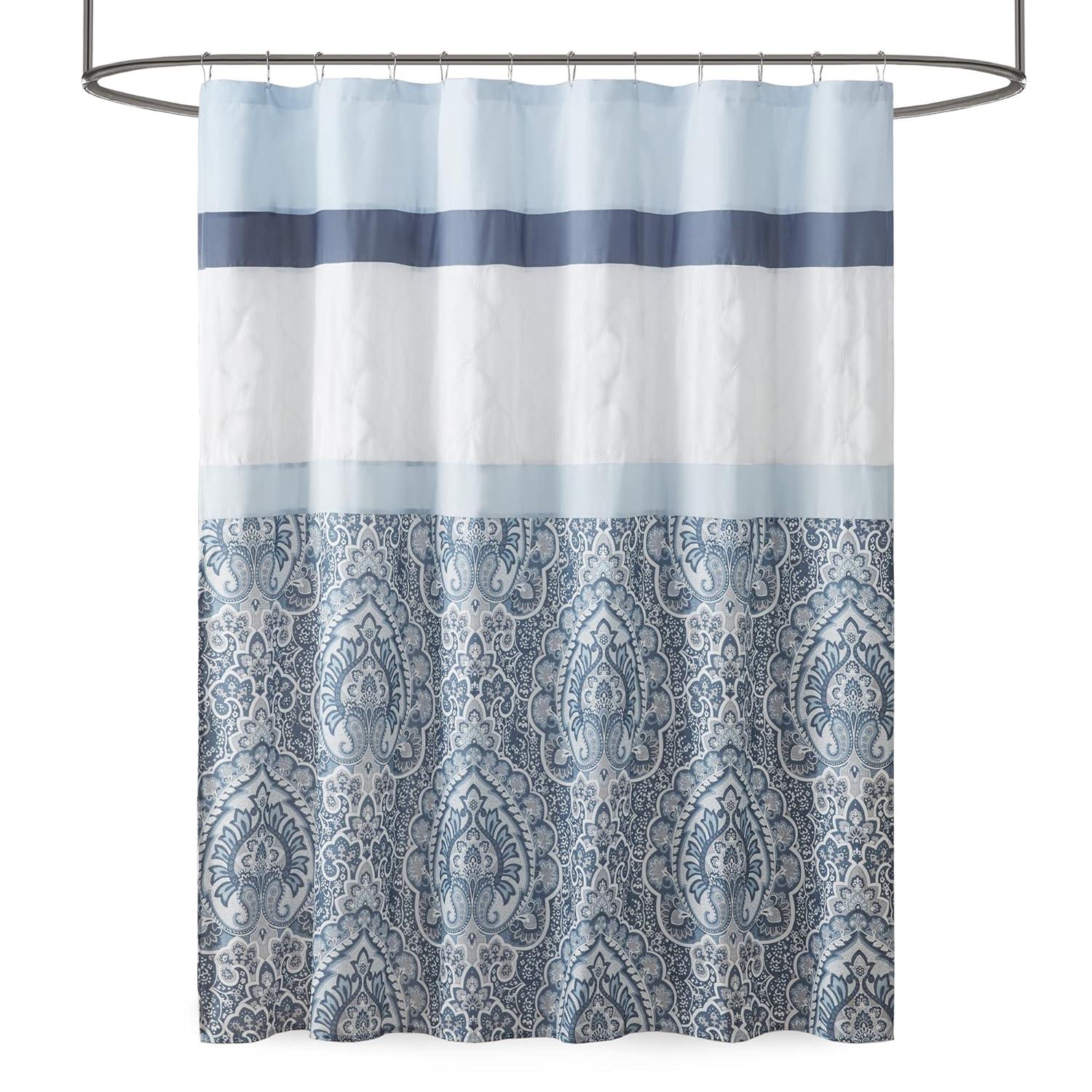 510 Design Shower Stacie Embroidered Shower Curtain Blue: Microfiber, Machine Washable, Non-Slip Backing