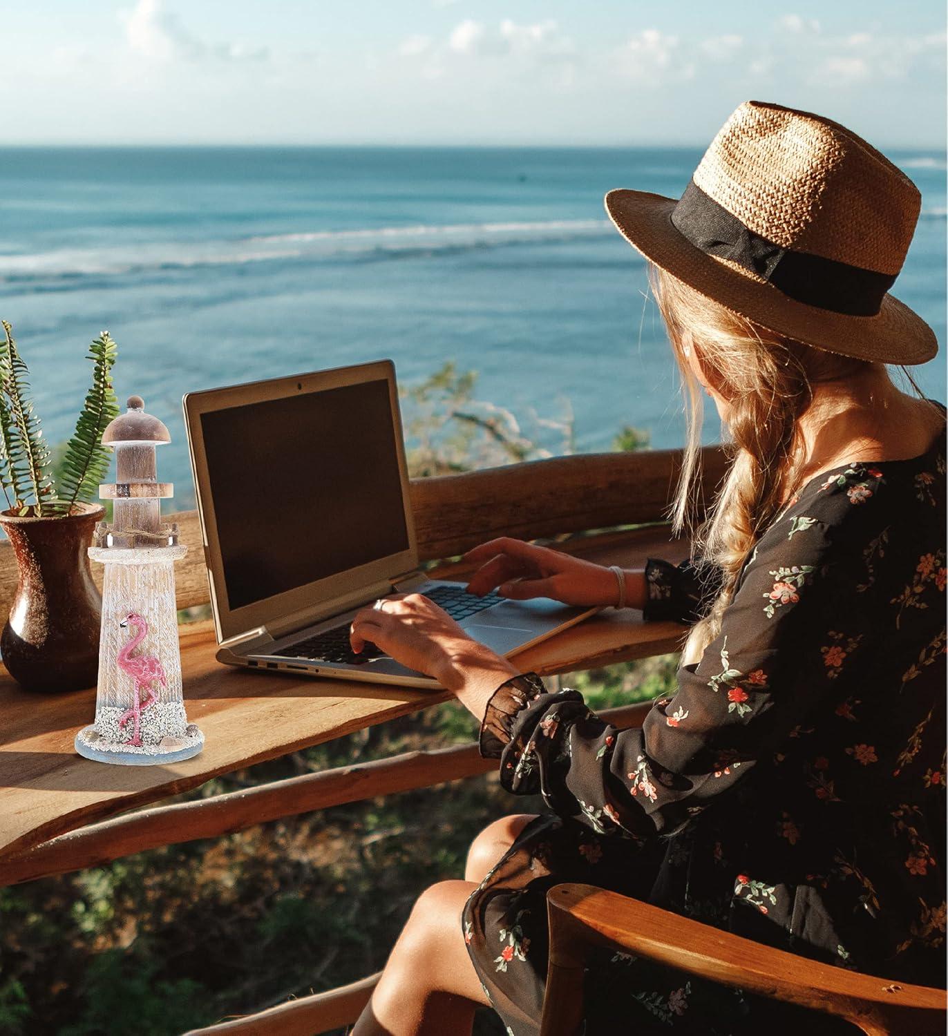 CoTa Global Flamingo Beach Lighthouse Decor - Handmade and Crafted Wooden Lighthouse Decoration with Sea Shells, Decorative Beach Style Tabletop Centerpiece, Nautical Themed Home Decor - 8.5 Inch