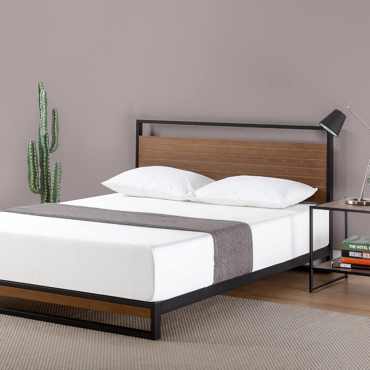 Zinus Suzanne Metal and Wood Platform Bed with Headboard / Box Spring Optional / Wood Slat Support, Full