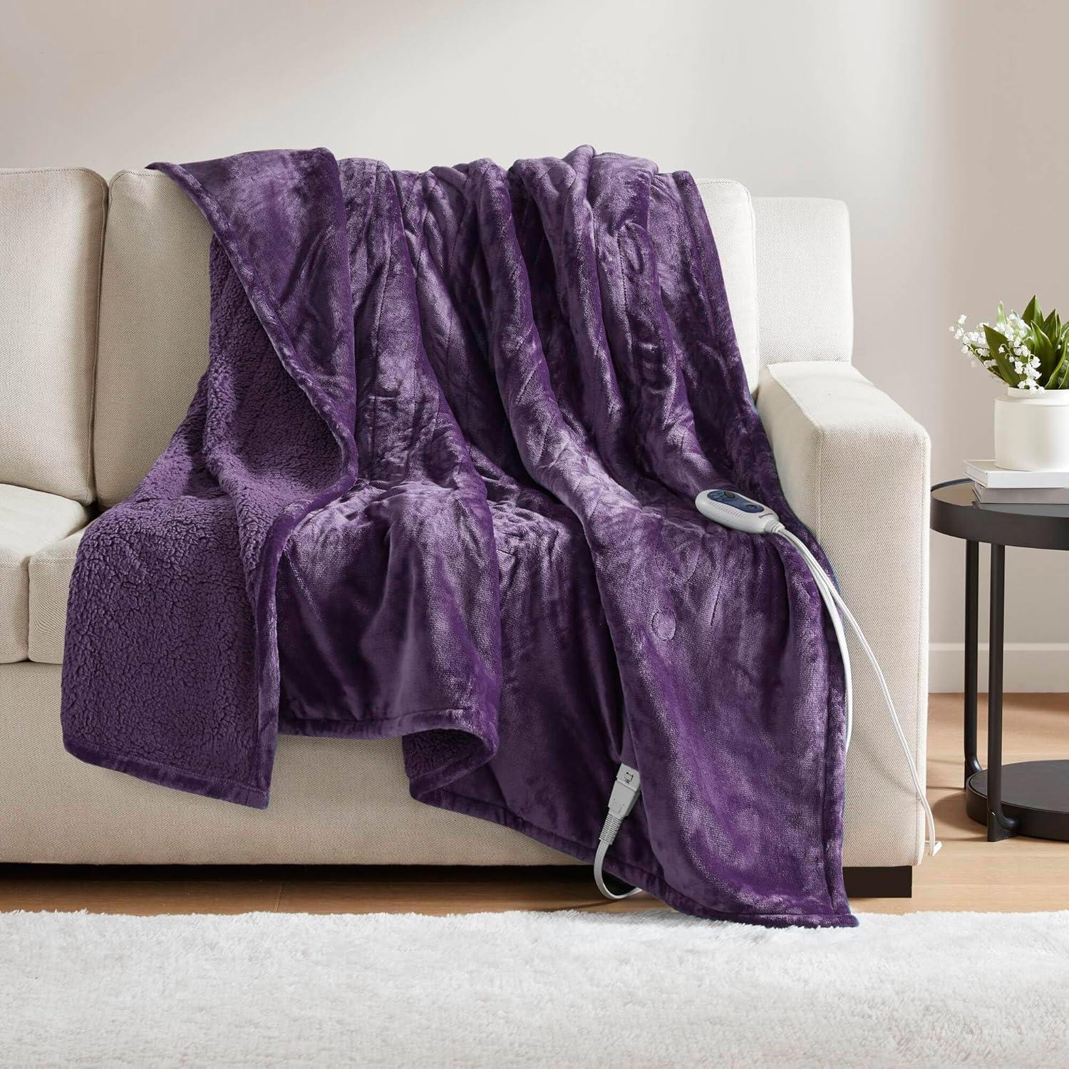 60"x70" Electric Heated Microlight to Berber Throw Blanket Purple: Beautyrest, Lightweight, Machine Washable